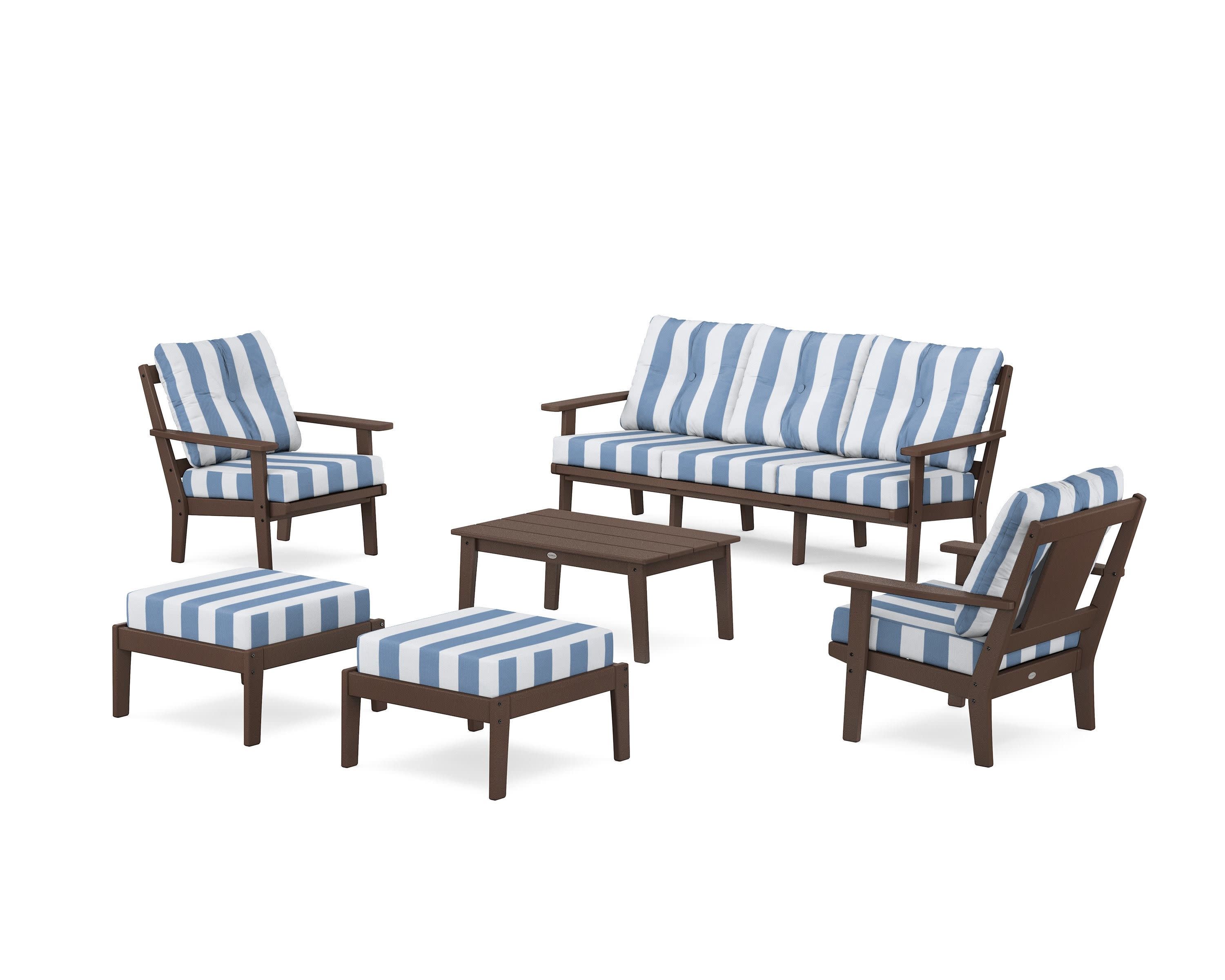 Prairie 6-Piece Lounge Sofa Set in Mahogany / Cabana Stripe Sky Blue