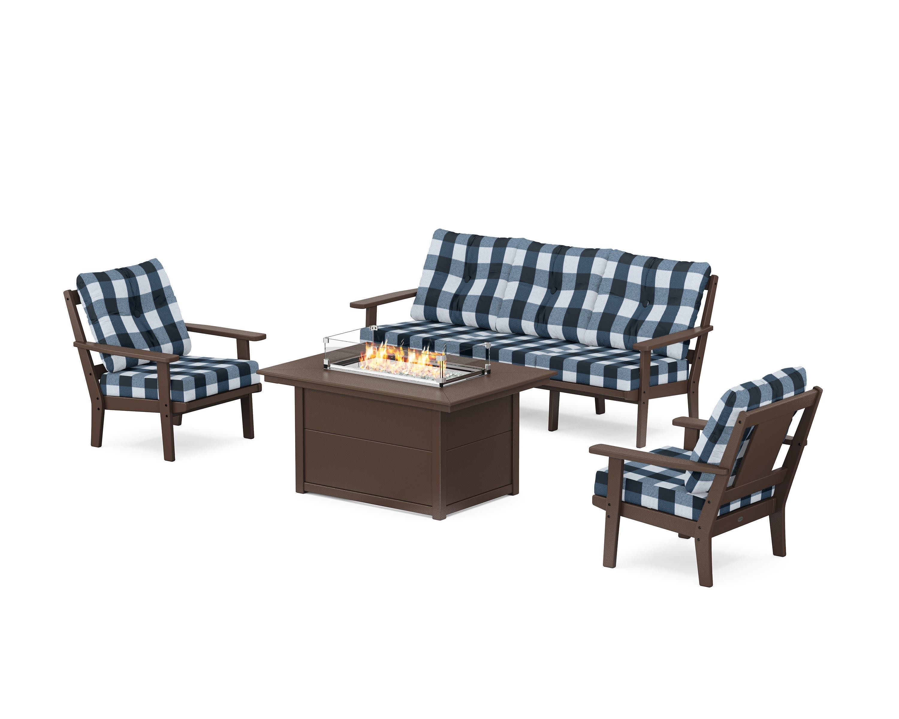 Prairie Deep Seating Fire Pit Table Set in Mahogany / Buffalo Plaid Marine Indigo