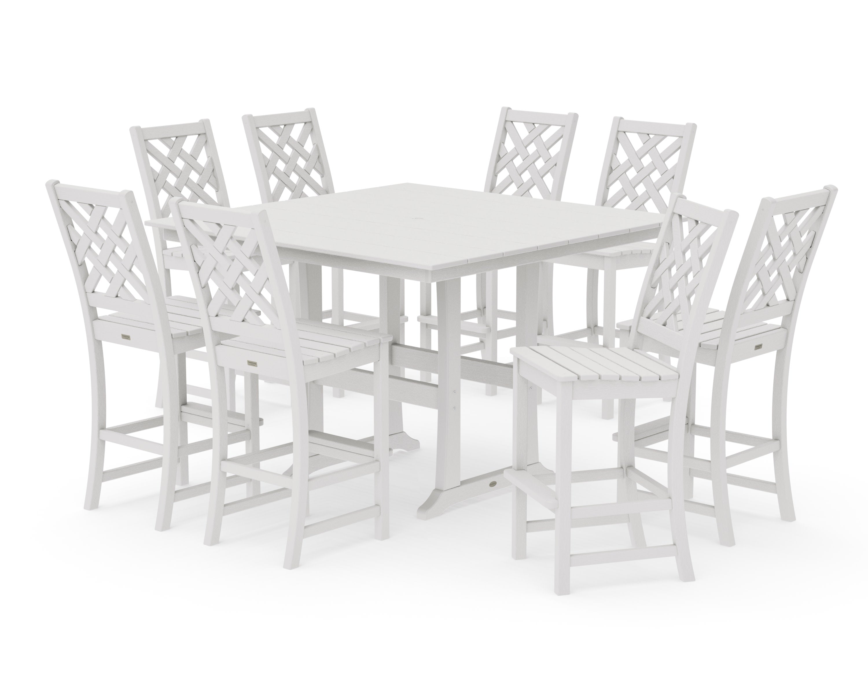 Wovendale Side Chair 9-Piece Square Farmhouse Bar Set with Trestle Legs in Vintage White