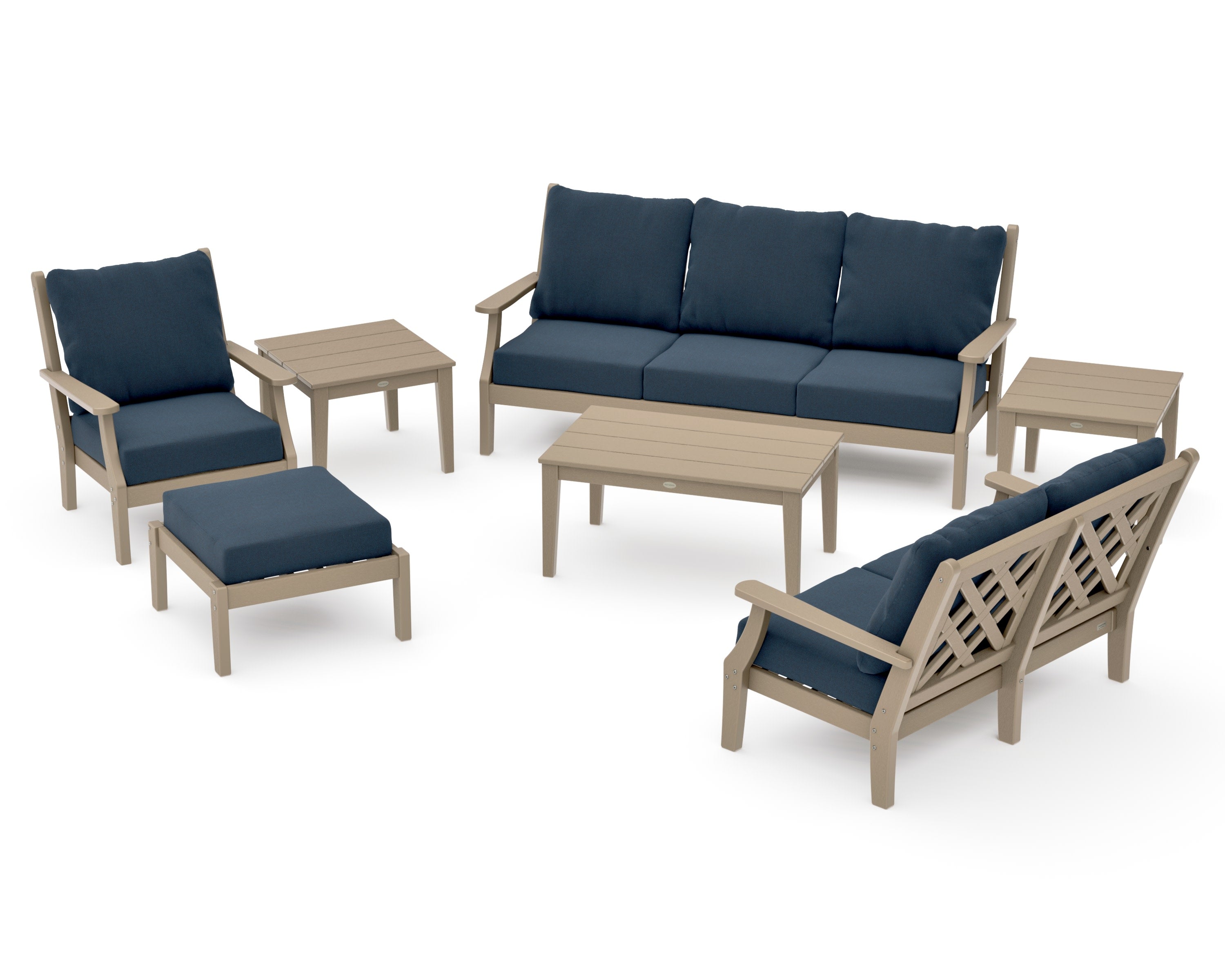 Wovendale 7-Piece Deep Seating Set in Vintage Sahara / Marine Indigo