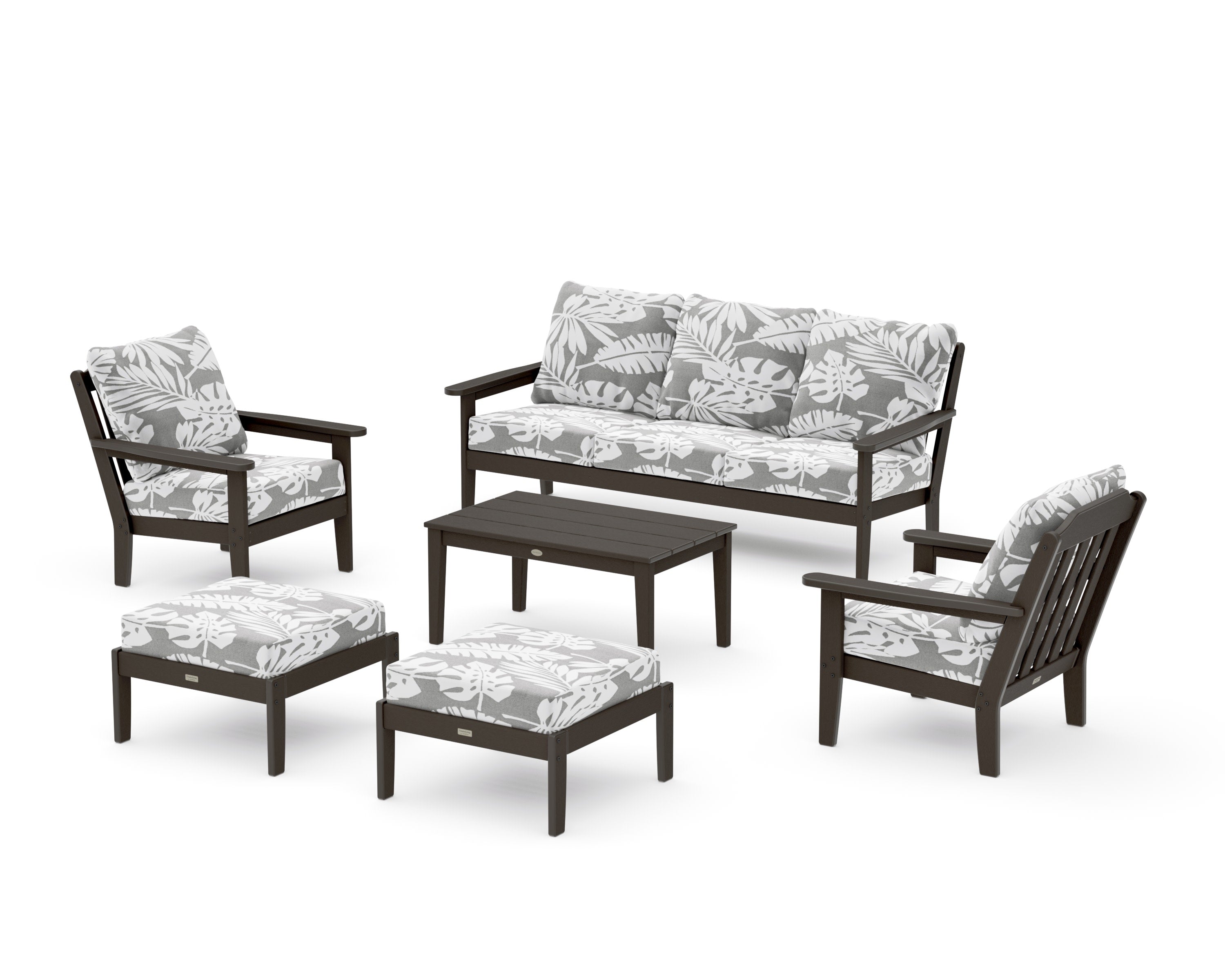 Cottage 6-Piece Lounge Sofa Set in Vintage Coffee / Leaf Grey Mist