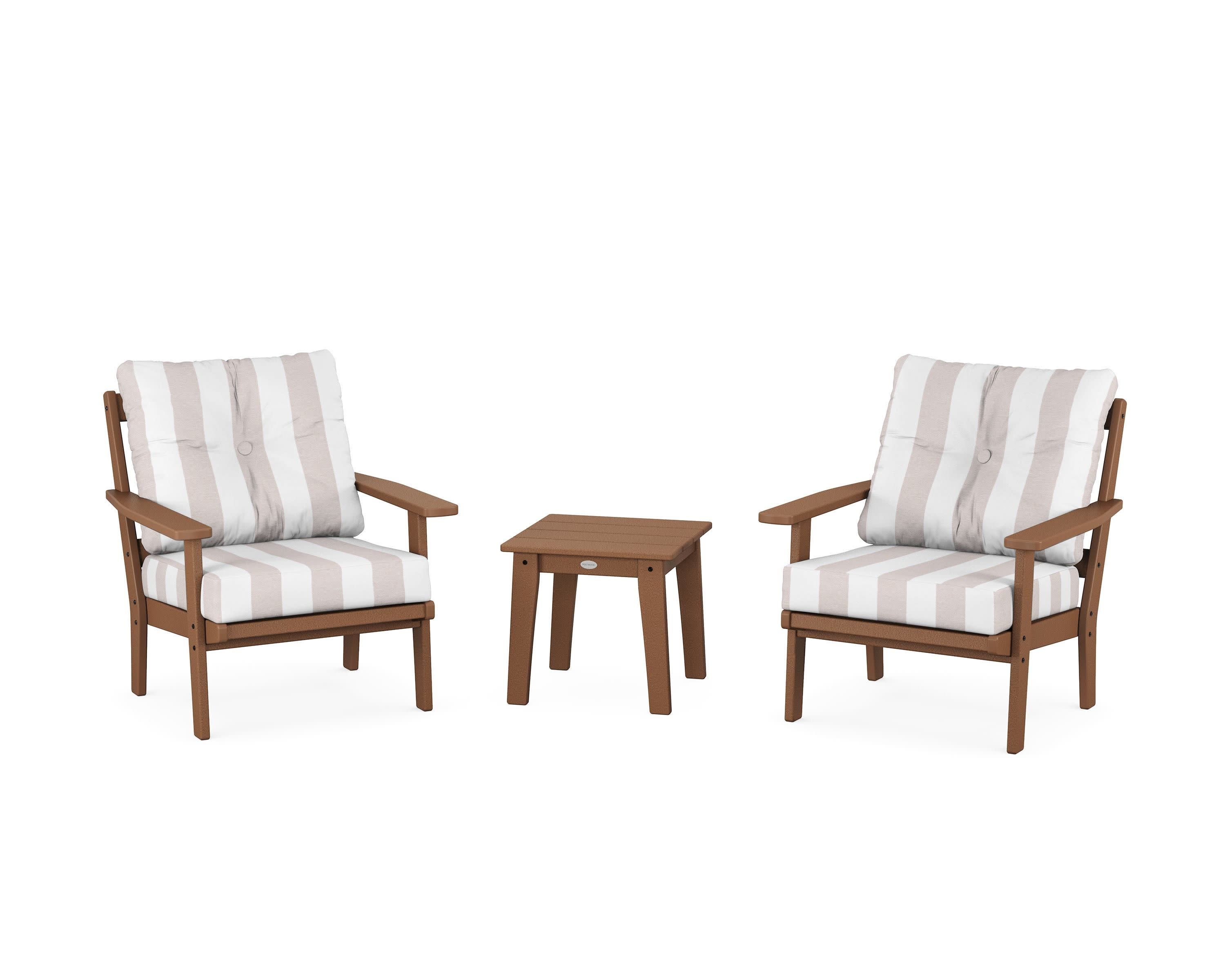 Prairie 3-Piece Deep Seating Set in Teak / Cabana Stripe Dune Burlap