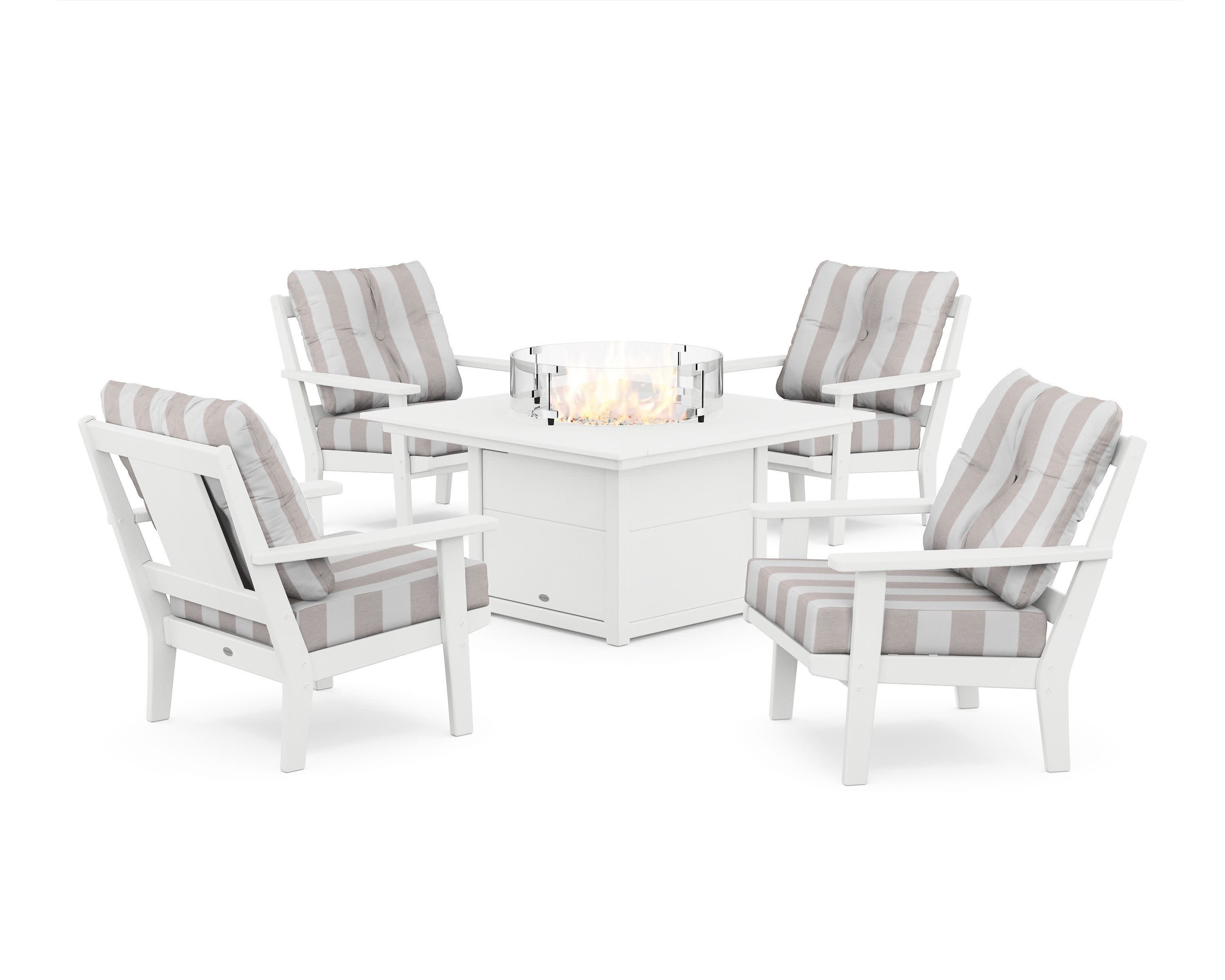 Prairie 5-Piece Deep Seating Set with Fire Pit Table in White / Cabana Stripe Dune Burlap