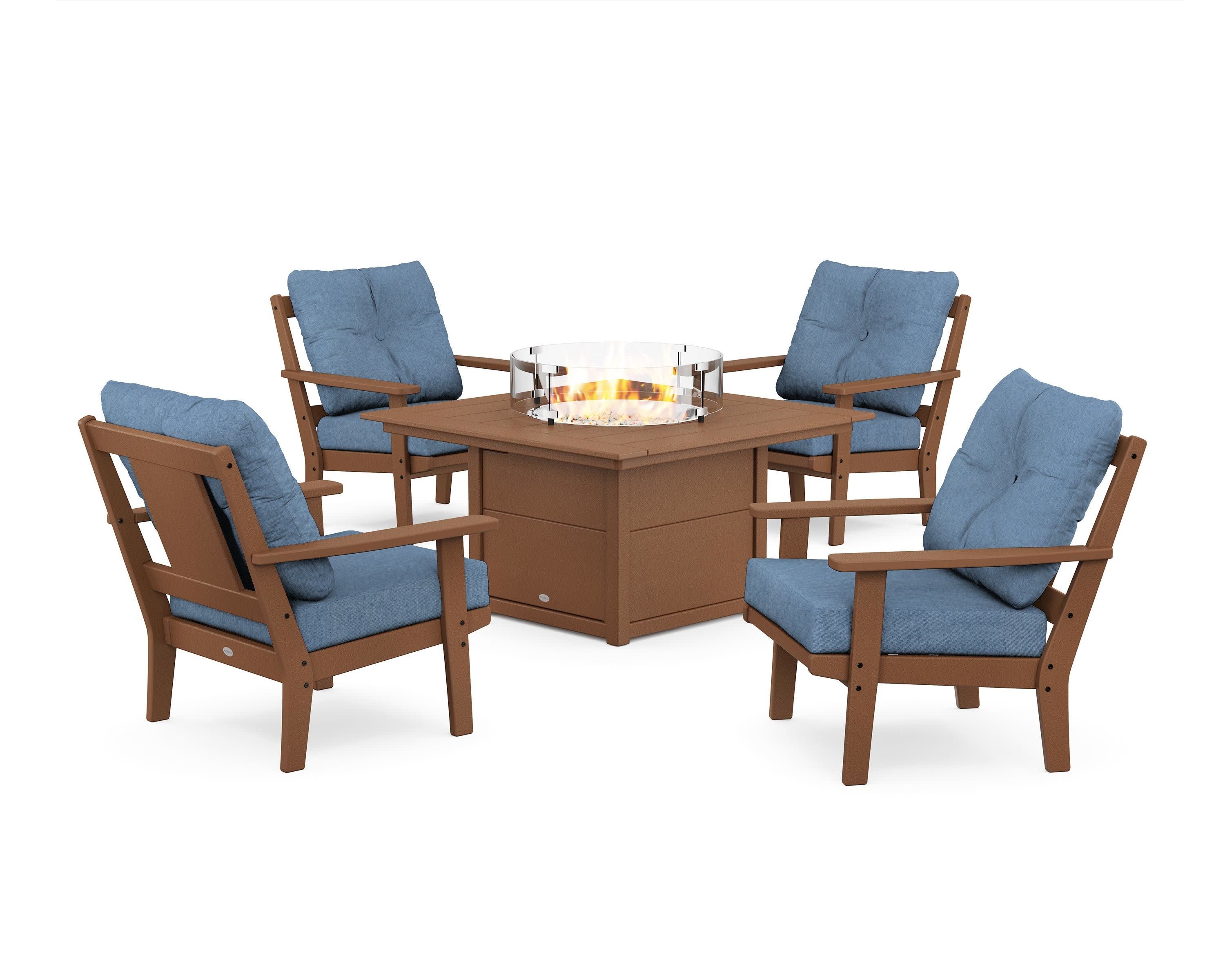 Prairie 5-Piece Deep Seating Set with Fire Pit Table in Teak / Sky Blue