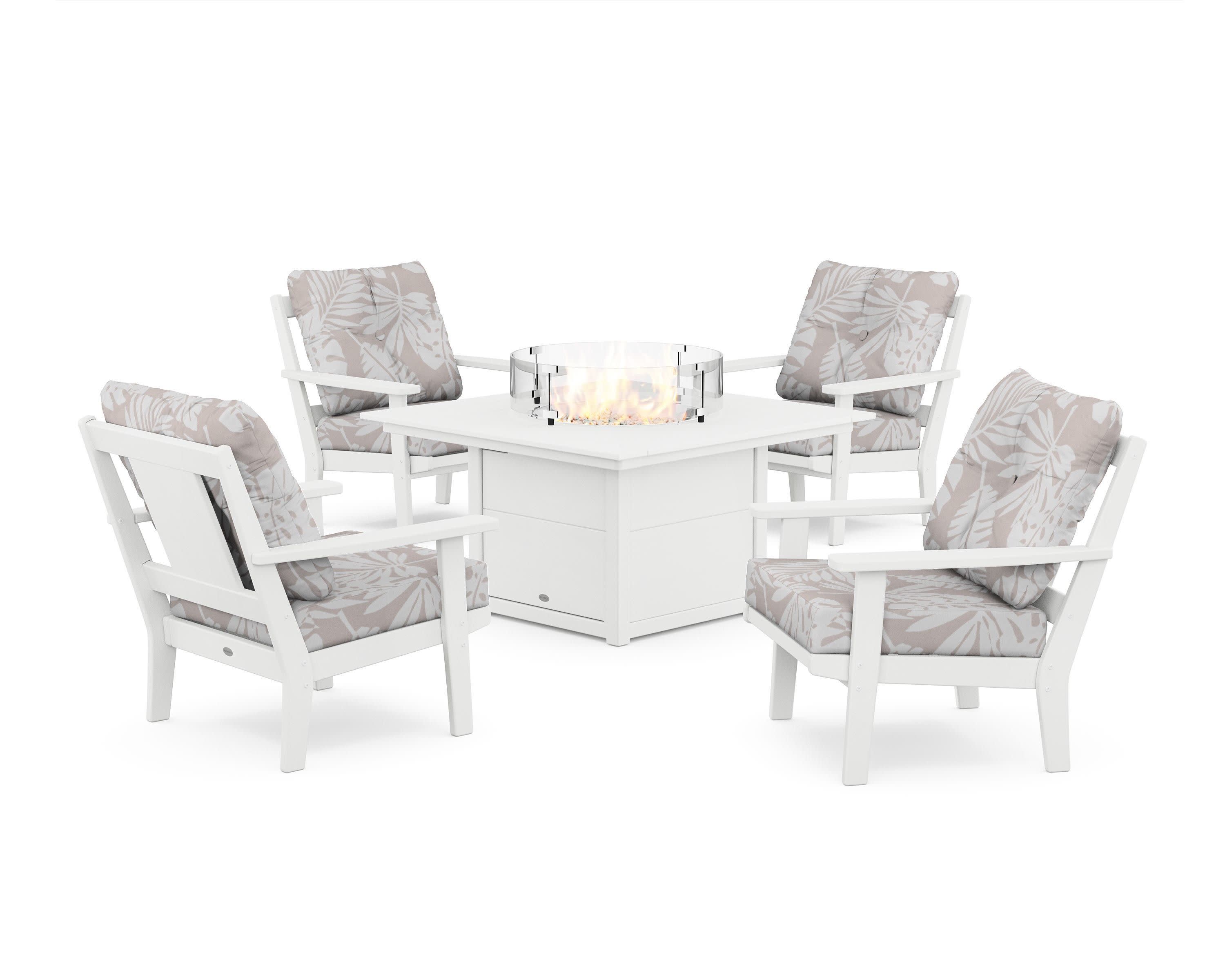 Prairie 5-Piece Deep Seating Set with Fire Pit Table in White / Leaf Dune Burlap