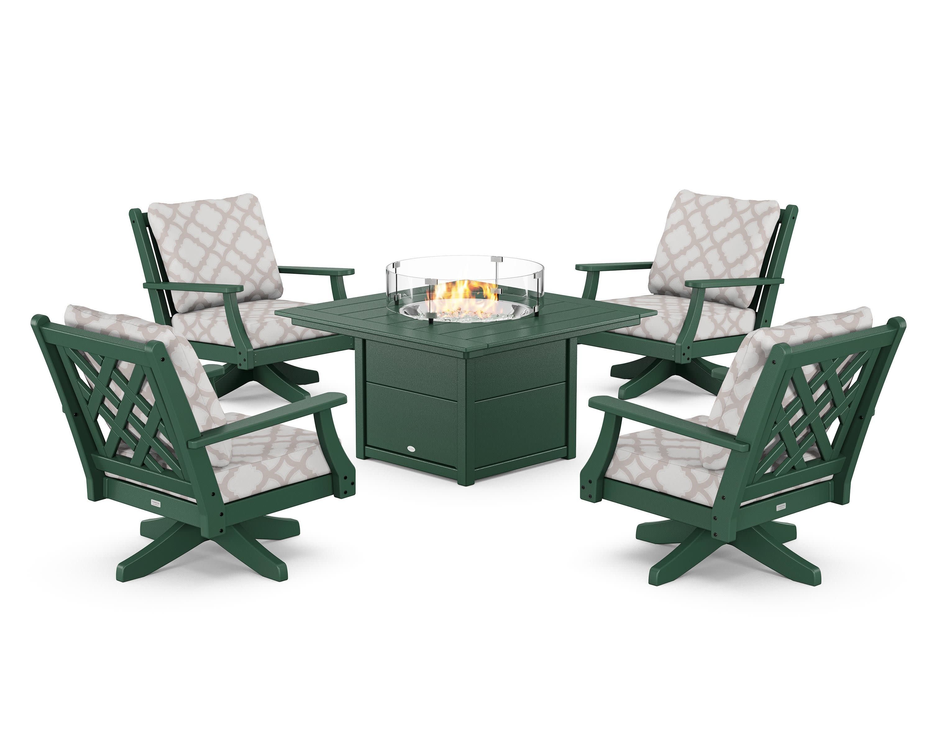 Wovendale 5-Piece Deep Seating Swivel Conversation Set with Fire Pit Table in Green / Trellis Dune Burlap