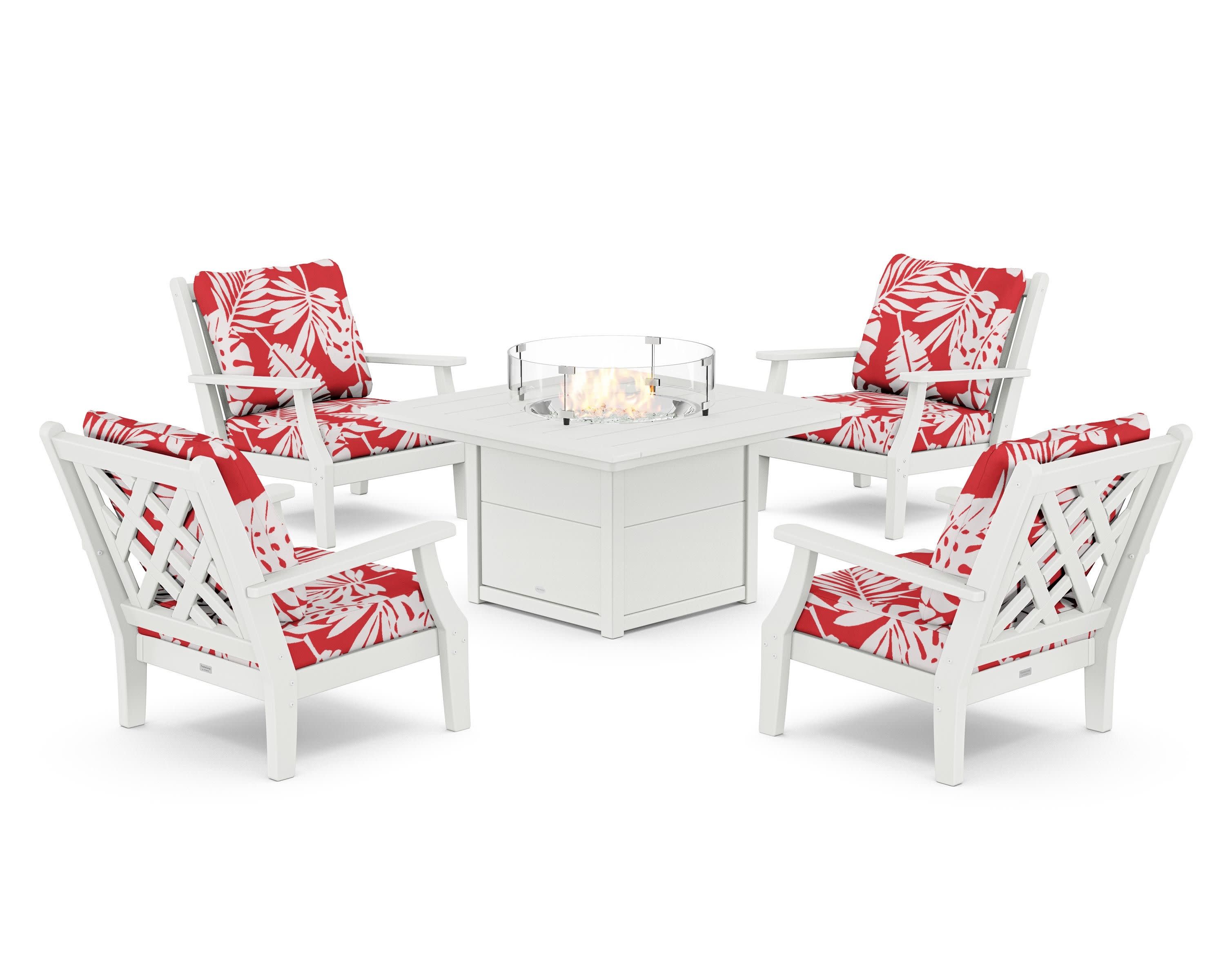 Wovendale 5-Piece Deep Seating Set with Fire Pit Table in White / Leaf Crimson