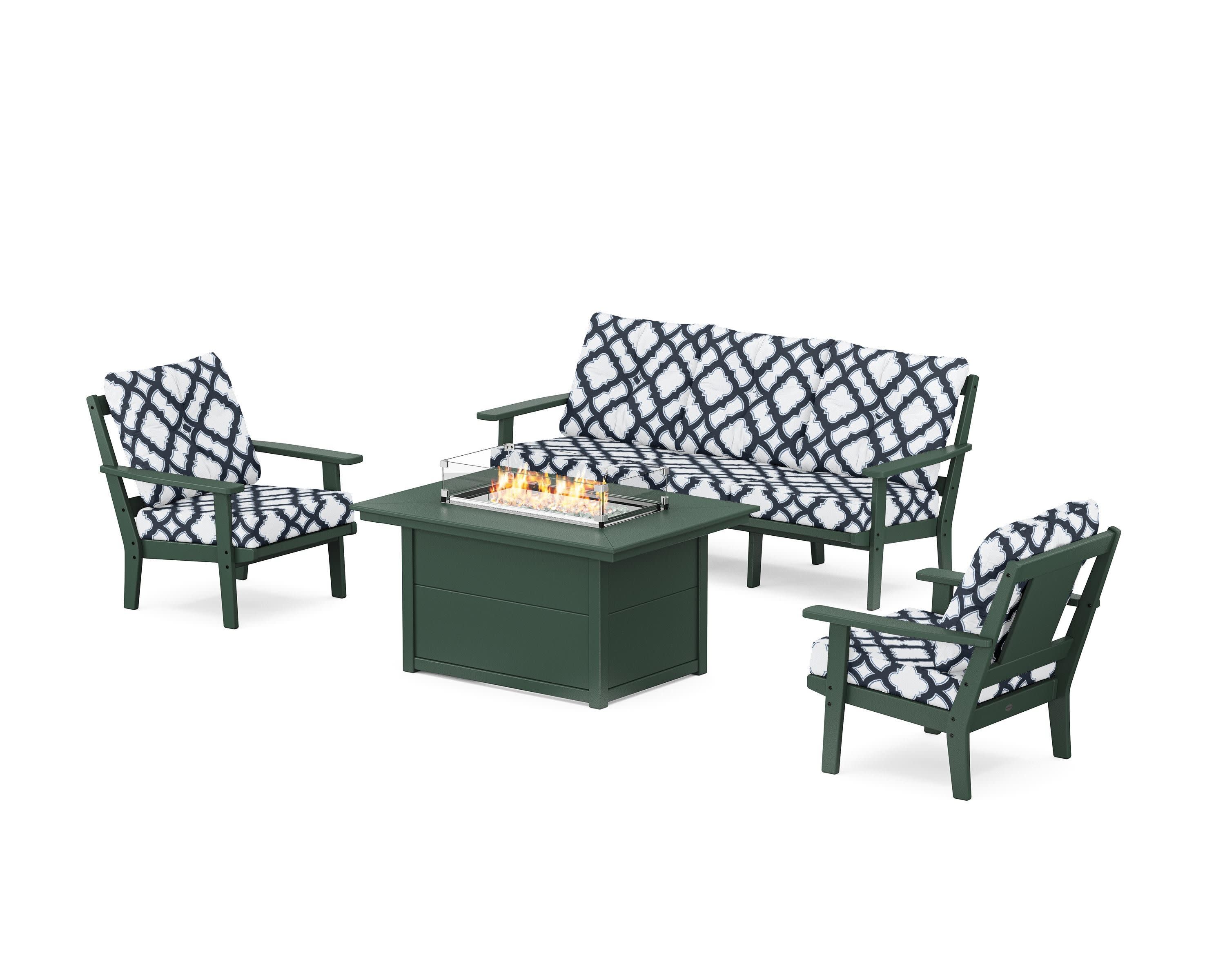 Prairie Deep Seating Fire Pit Table Set in Green / Trellis Marine Indigo