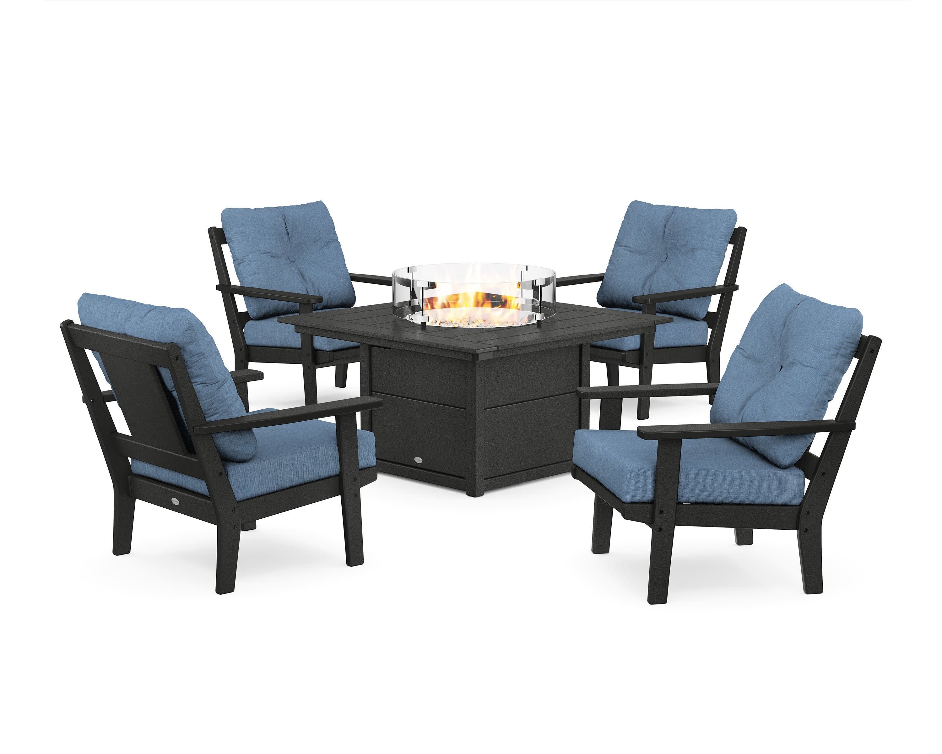 Prairie 5-Piece Deep Seating Set with Fire Pit Table in Black / Sky Blue
