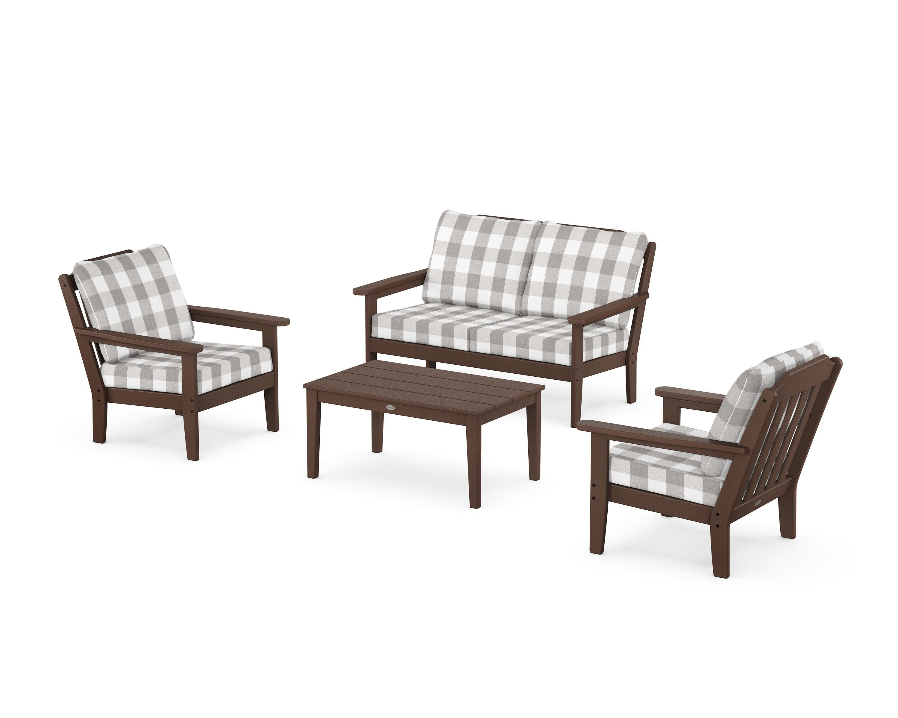 Cottage 4-Piece Deep Seating Set with Loveseat in Mahogany / Buffalo Plaid Grey Mist