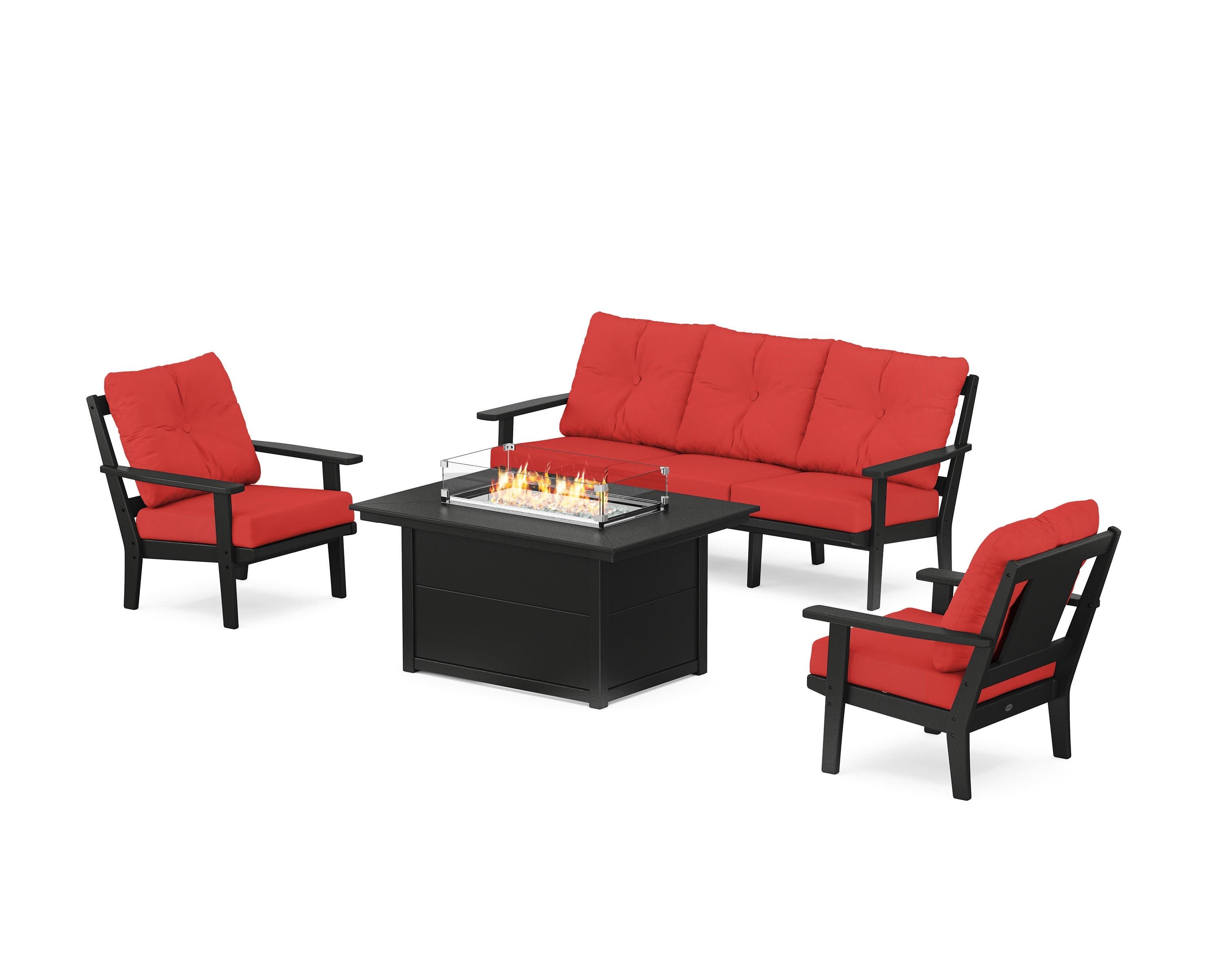 Prairie Deep Seating Fire Pit Table Set in Black / Crimson Linen