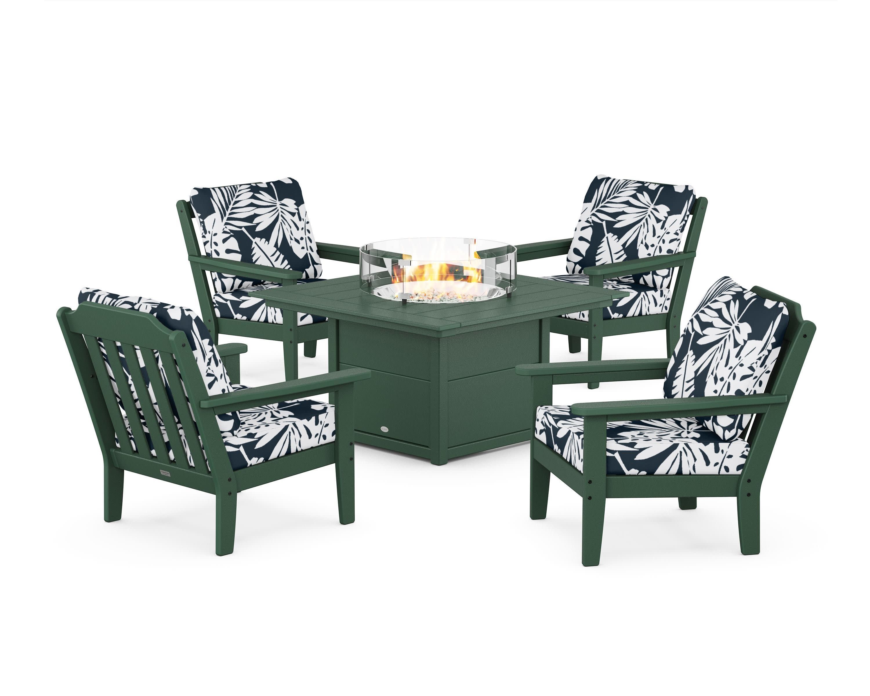 Cottage 5-Piece Deep Seating Set with Fire Pit Table in Green / Leaf Marine Indigo