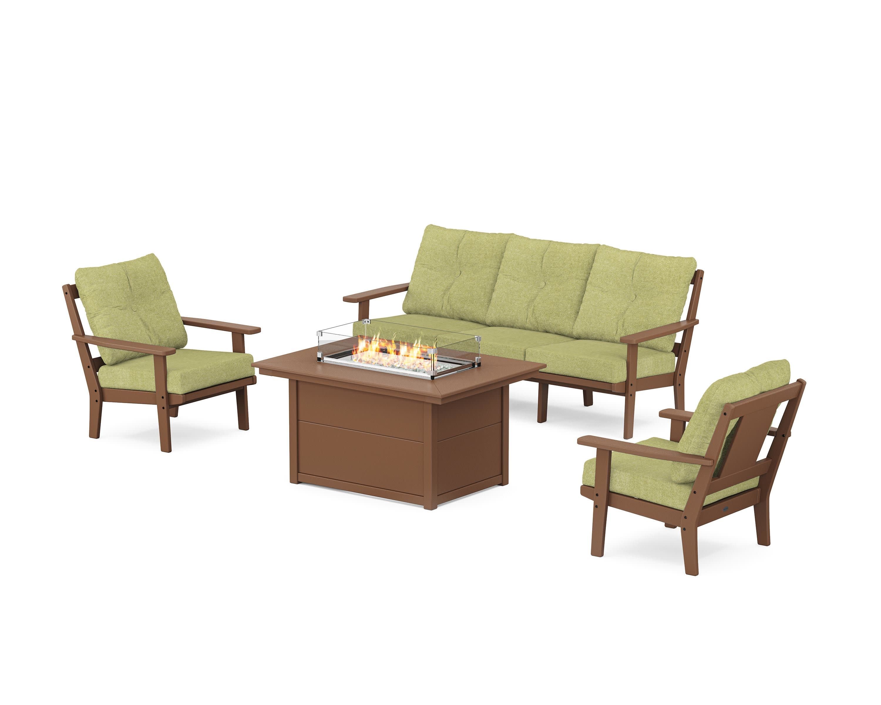 Prairie Deep Seating Fire Pit Table Set in Teak / Chartreuse Boucle
