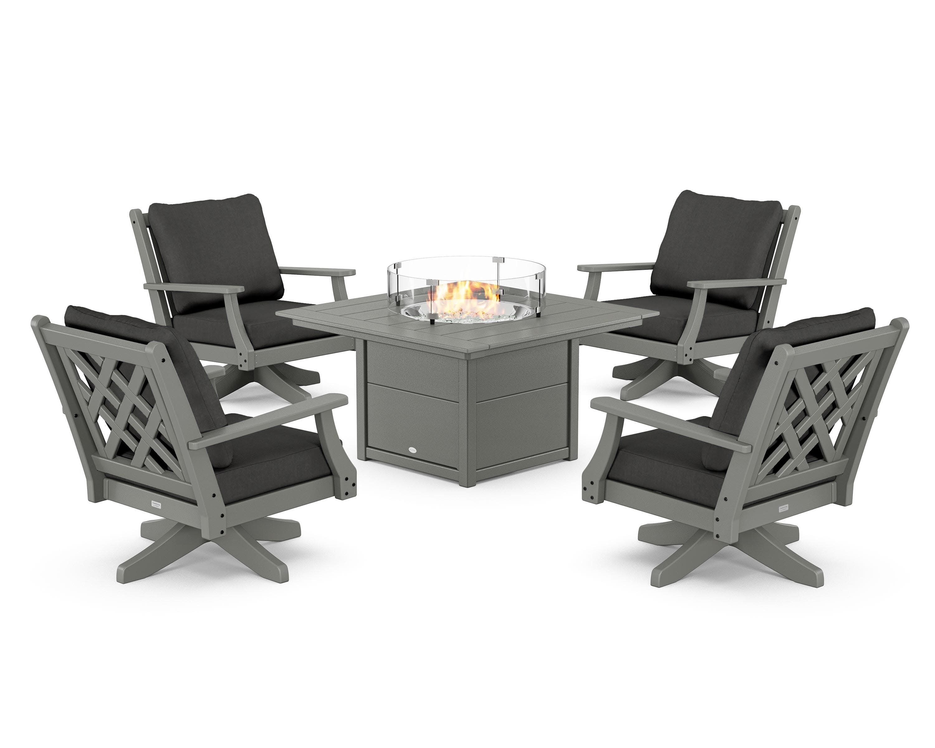 Wovendale 5-Piece Deep Seating Swivel Conversation Set with Fire Pit Table in Slate Grey / Spectrum Carbon
