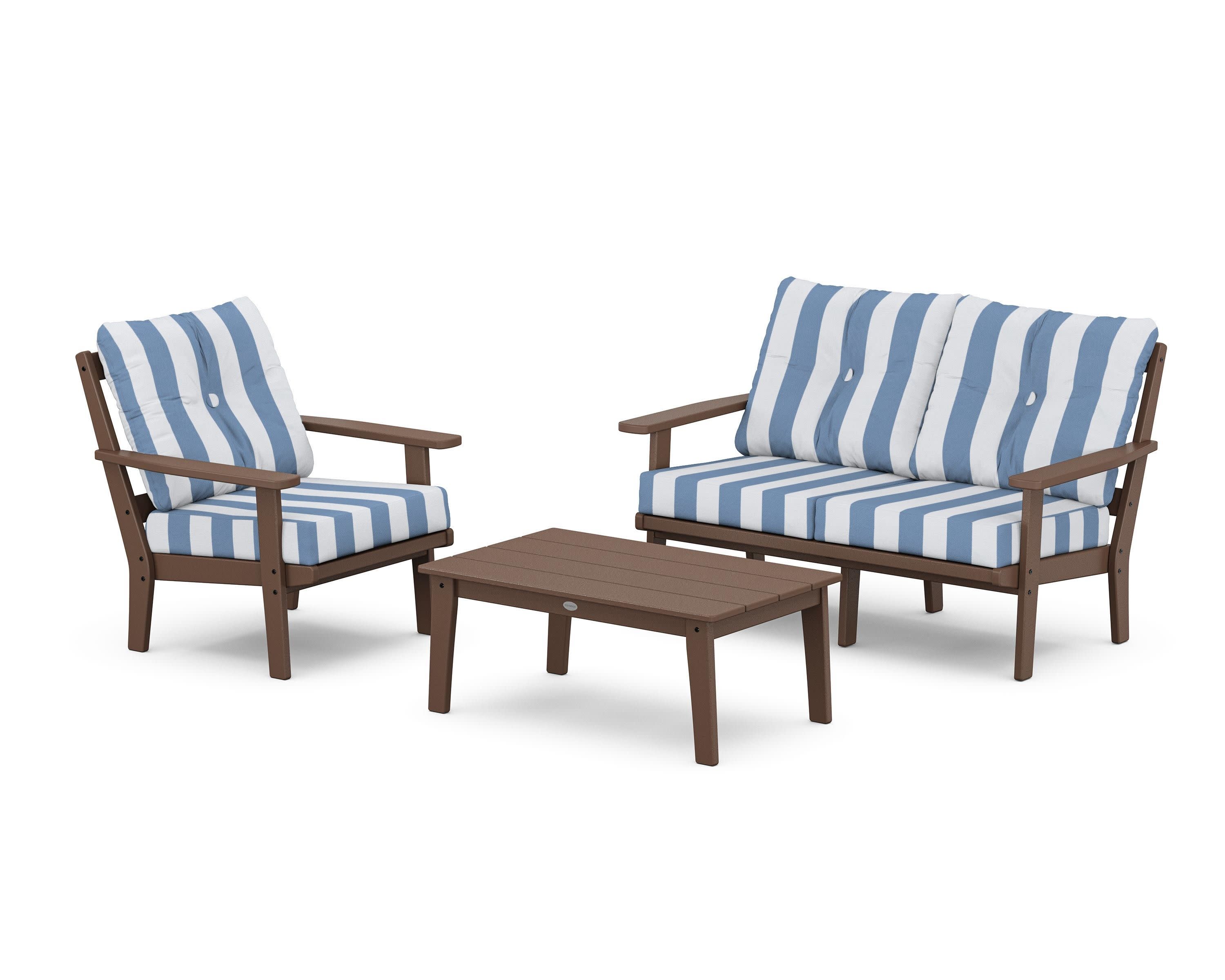 Prairie 3-Piece Deep Seating Set with Loveseat in Mahogany / Cabana Stripe Sky Blue