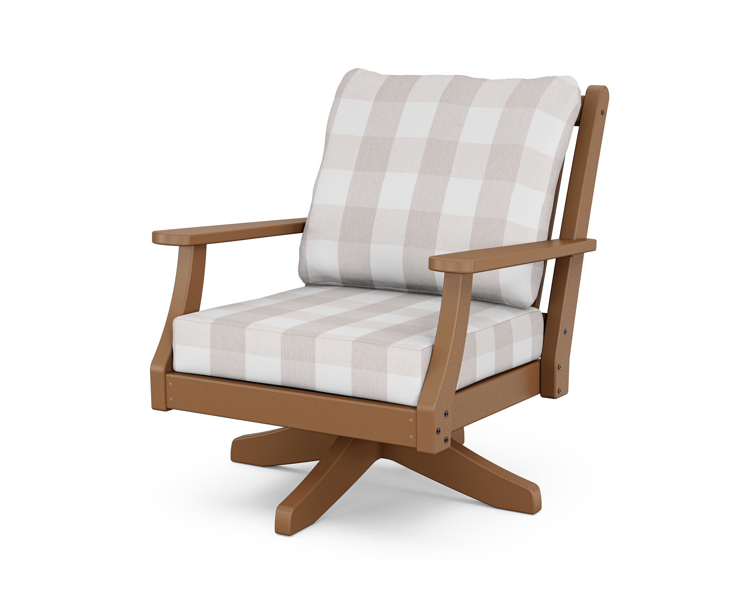 Wovendale Deep Seating Swivel Chair in Teak / Buffalo Plaid Dune Burlap