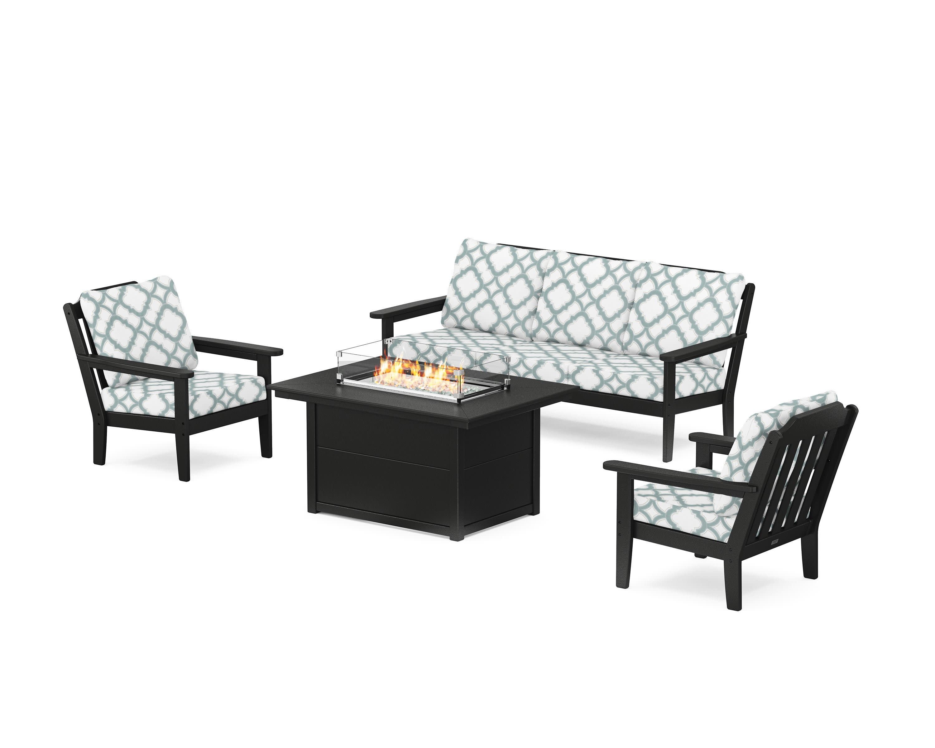 Cottage Deep Seating Fire Pit Table Set in Black / Trellis Glacier Spa