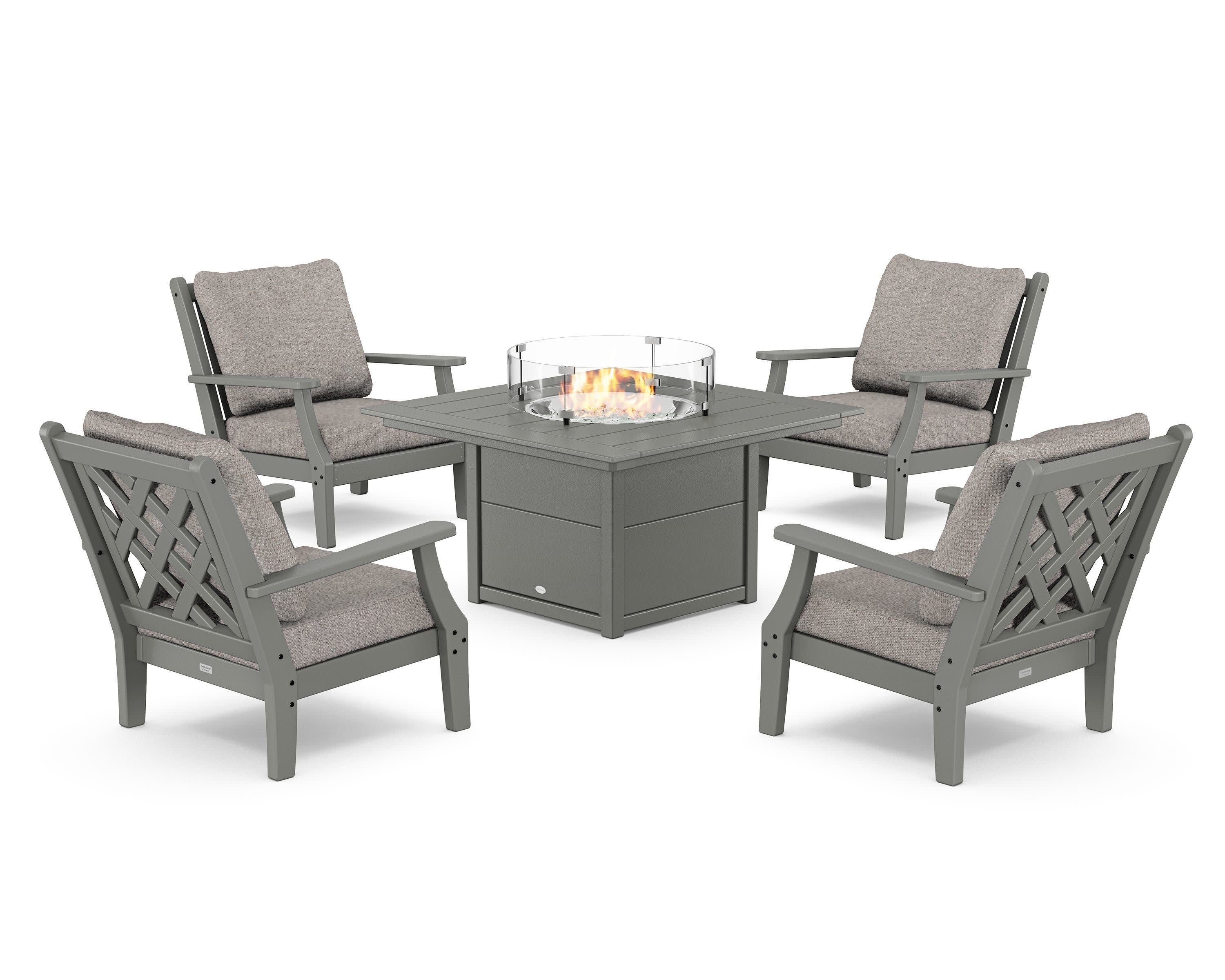 Wovendale 5-Piece Deep Seating Set with Fire Pit Table in Slate Grey / Weathered Tweed