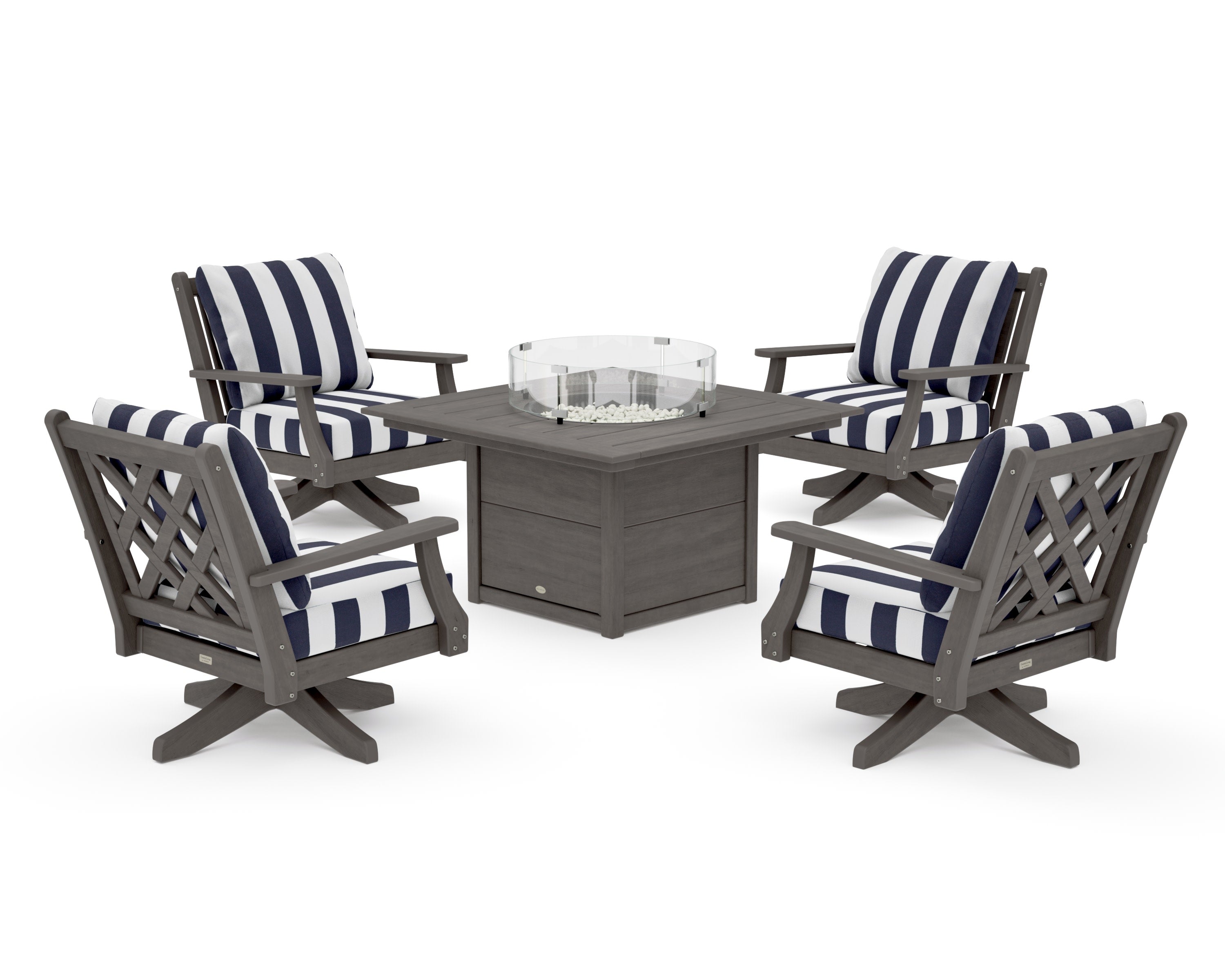 Wovendale 5-Piece Deep Seating Swivel Conversation Set with Fire Pit Table in Driftwood / Cabana Stripe Navy