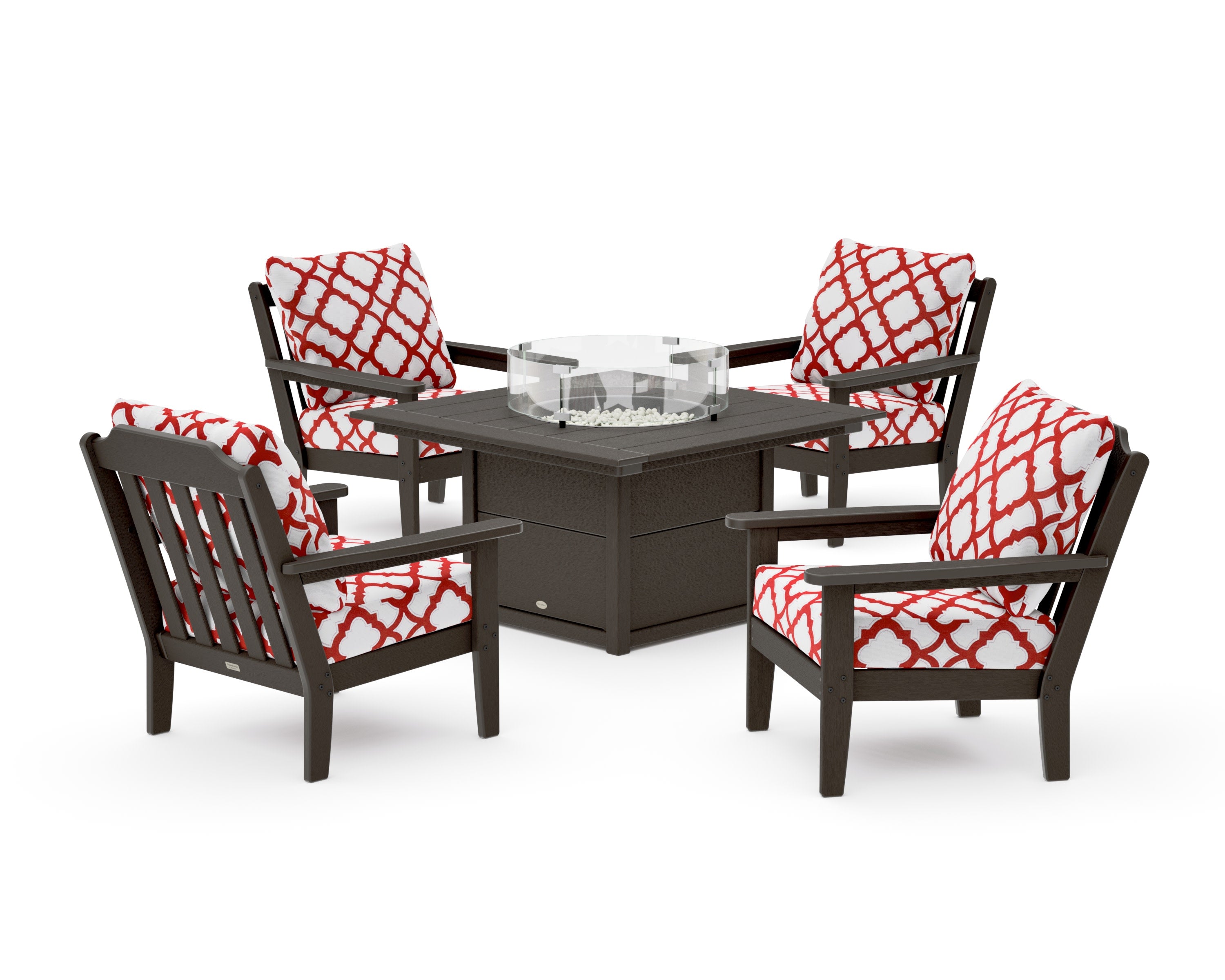 Cottage 5-Piece Deep Seating Set with Fire Pit Table in Vintage Coffee / Trellis Crimson