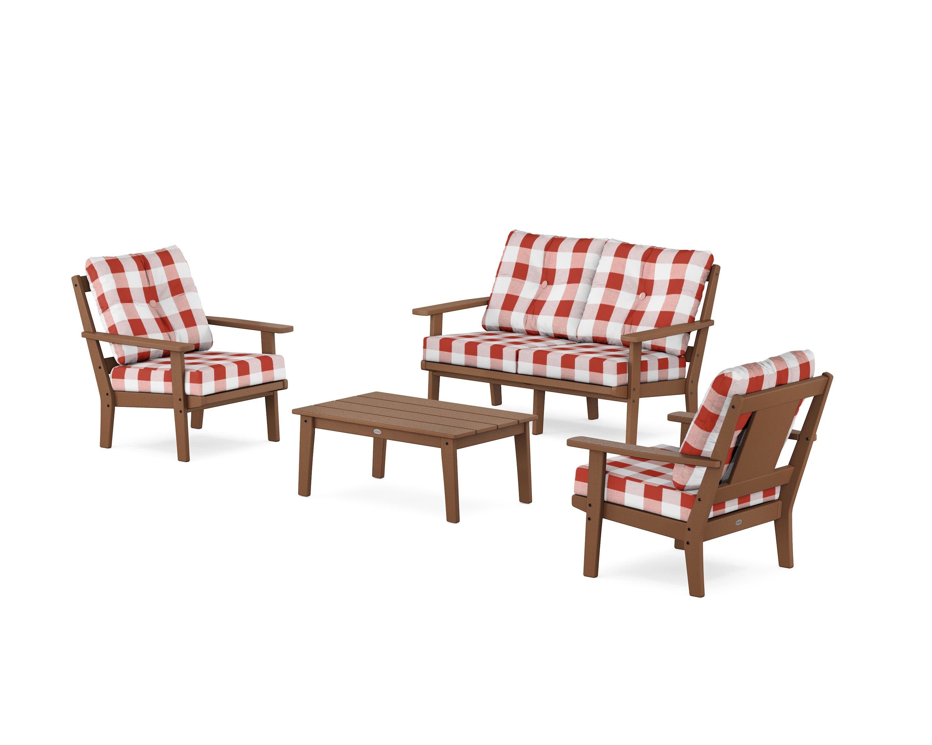 Prairie 4-Piece Deep Seating Set with Loveseat in Teak / Buffalo Plaid Crimson