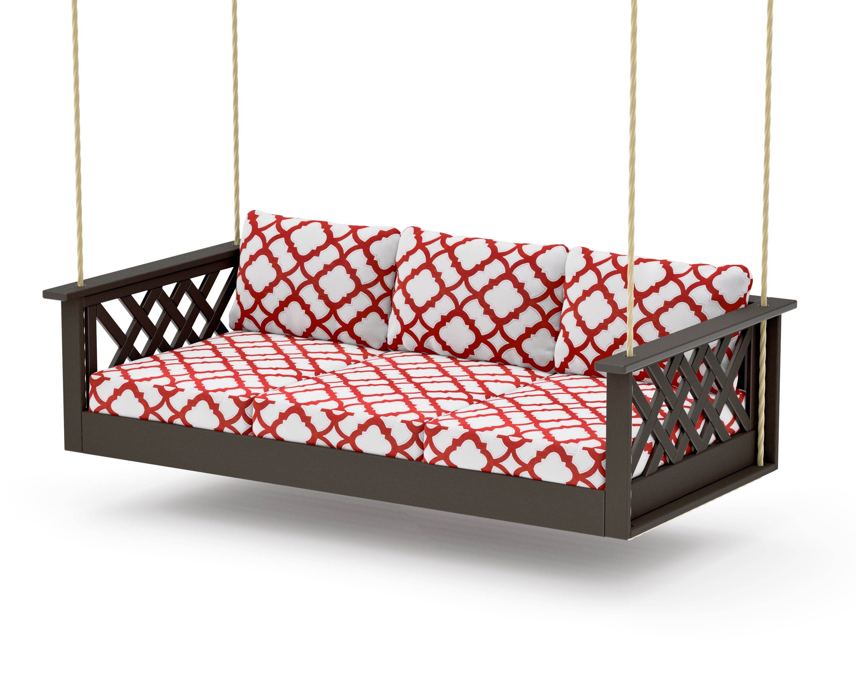 Wovendale Daybed Swing in Vintage Coffee / Trellis Crimson