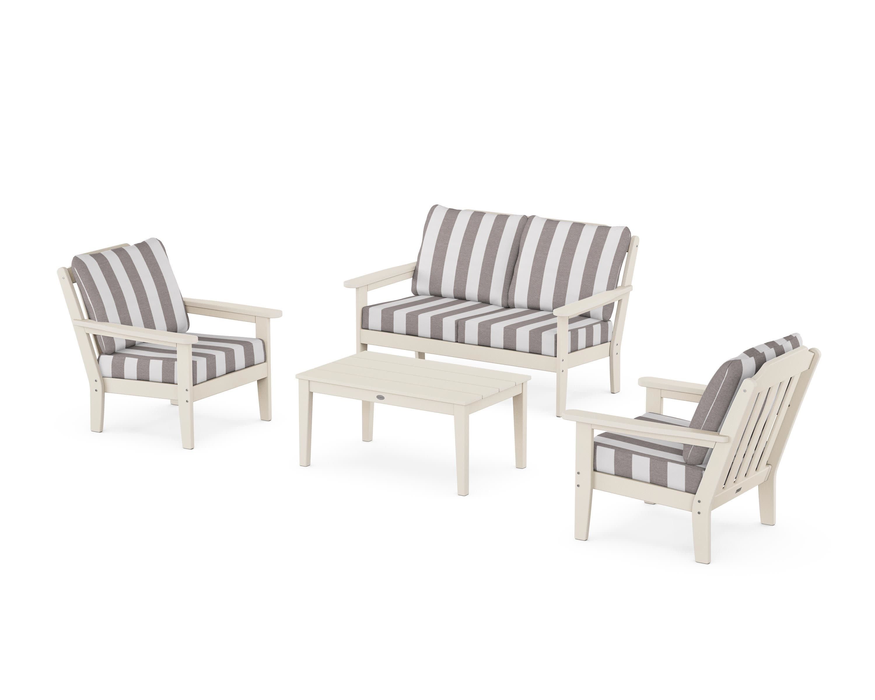 Cottage 4-Piece Deep Seating Set with Loveseat in Sand / Cabana Stripe Grey Mist