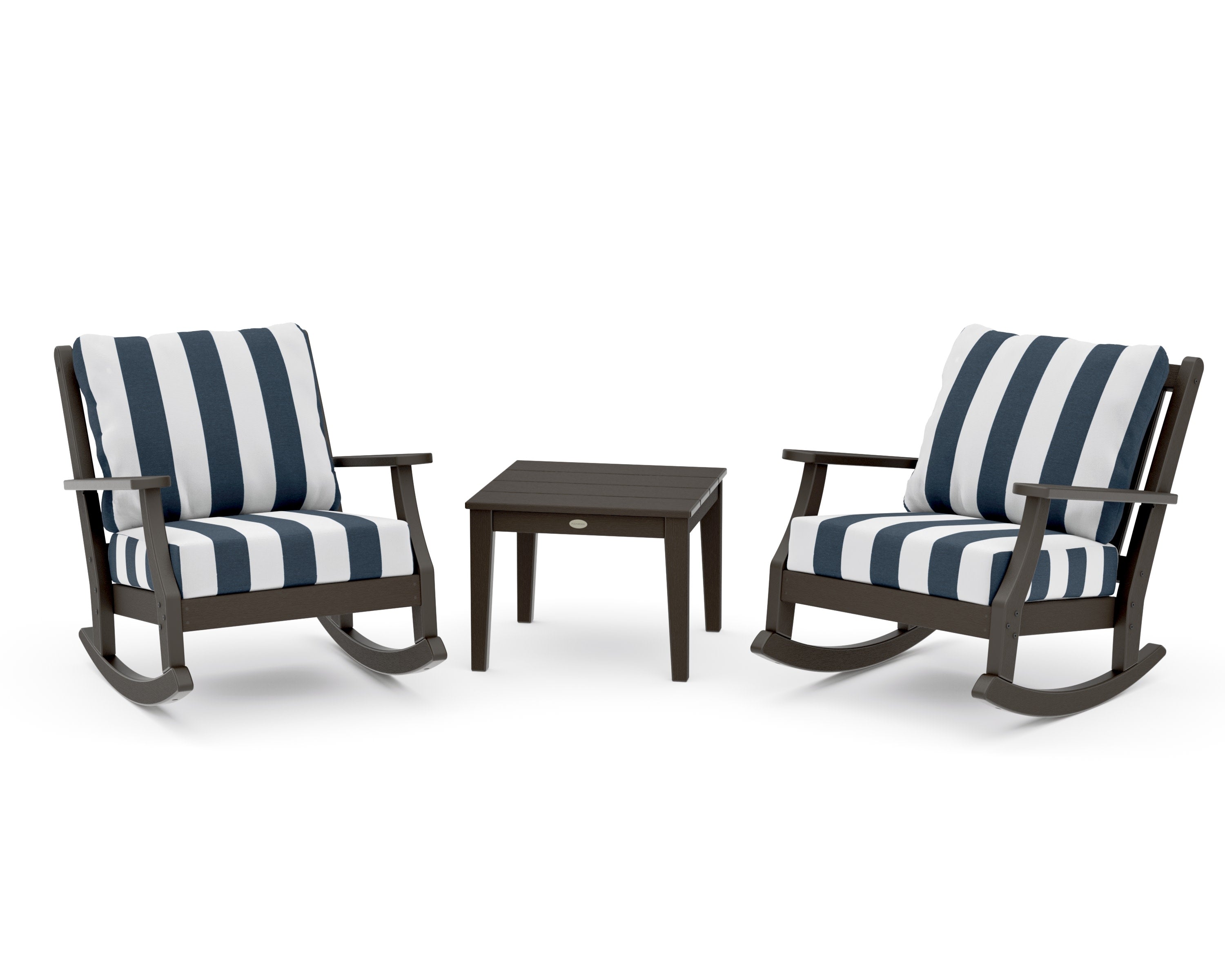 Wovendale 3-Piece Deep Seating Rocker Set in Vintage Coffee / Cabana Stripe Marine Indigo