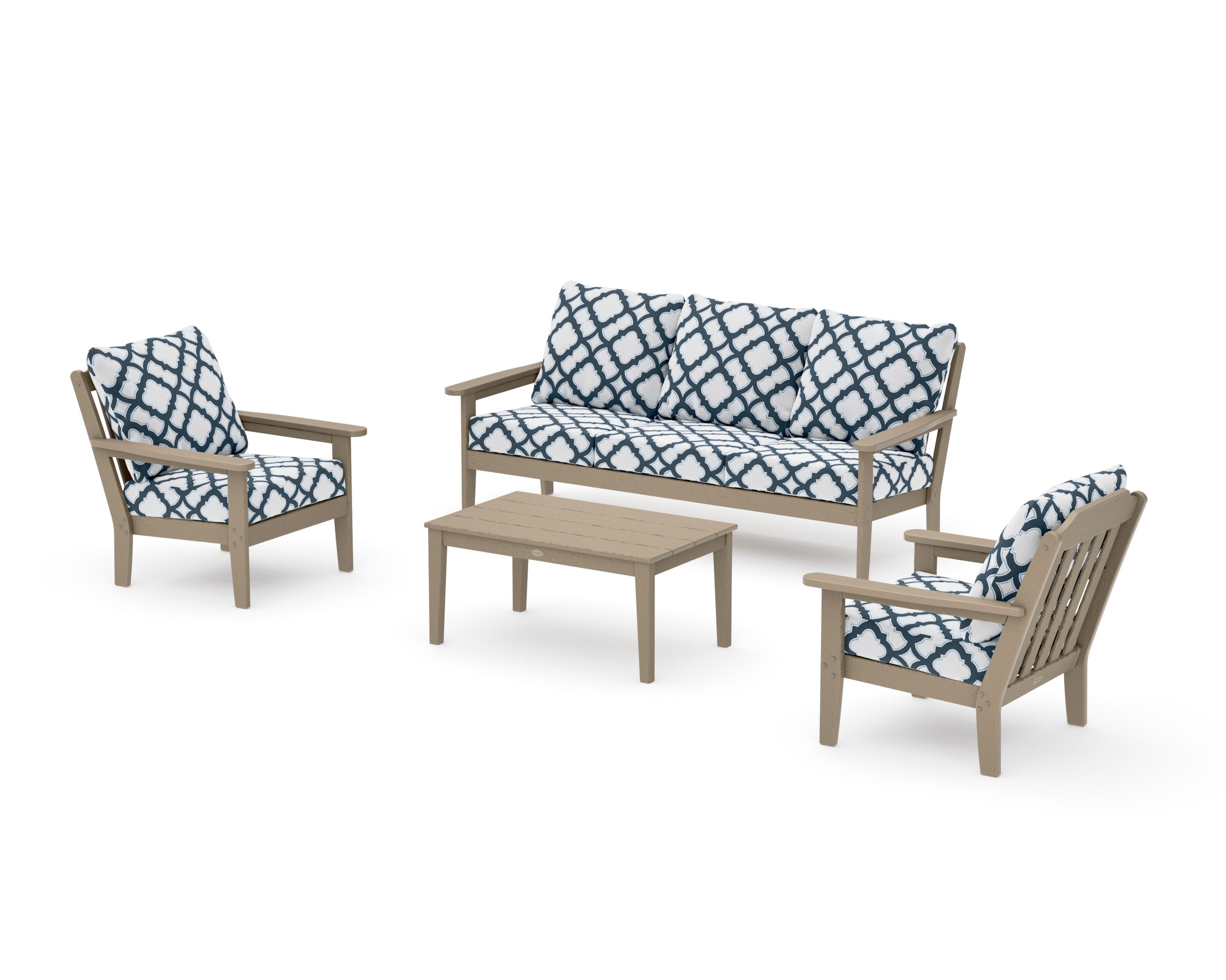 Cottage 4-Piece Deep Seating Set with Sofa in Vintage Sahara / Trellis Marine Indigo