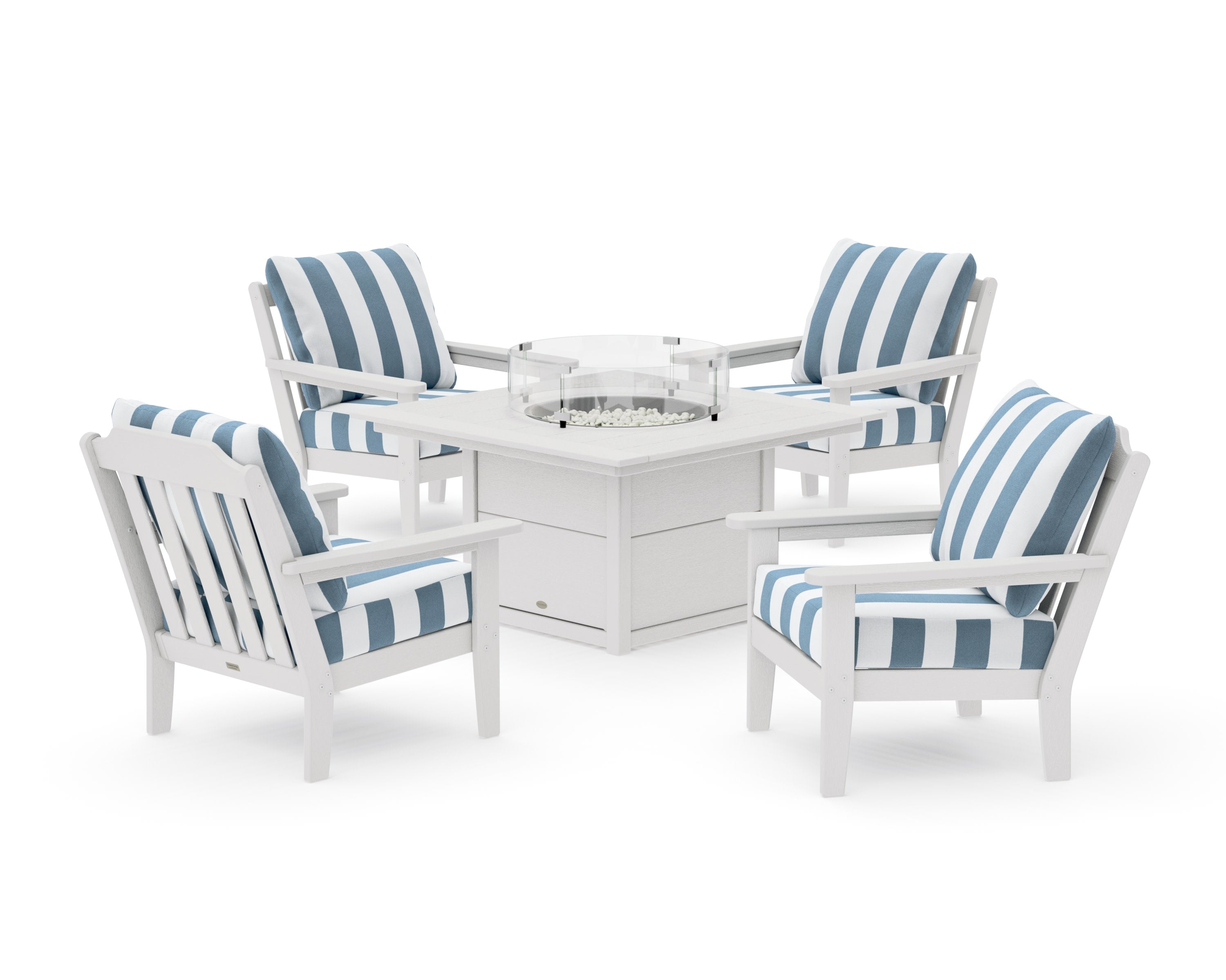 Cottage 5-Piece Deep Seating Set with Fire Pit Table in Vintage White / Cabana Stripe Sky Blue