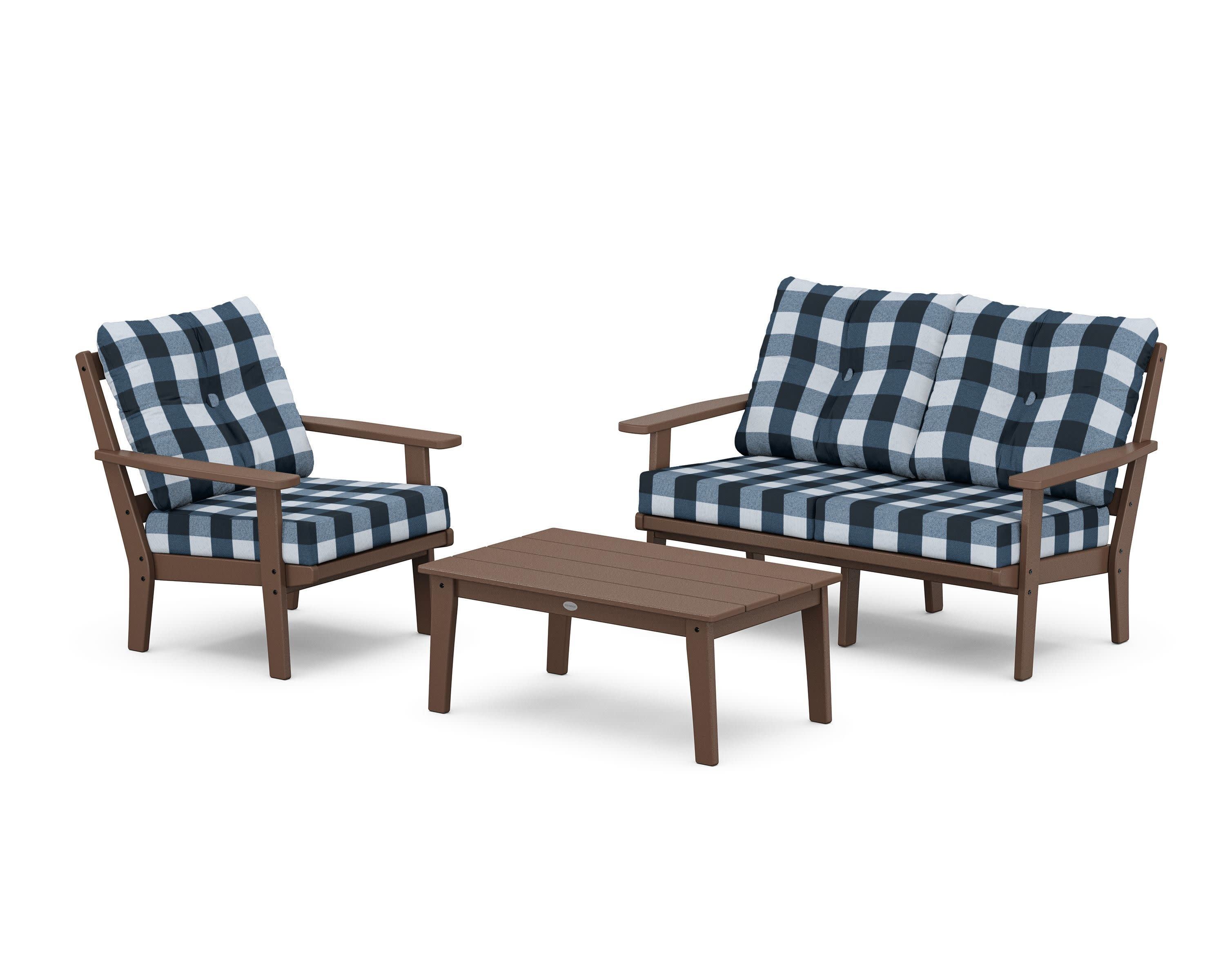 Prairie 3-Piece Deep Seating Set with Loveseat in Mahogany / Buffalo Plaid Marine Indigo
