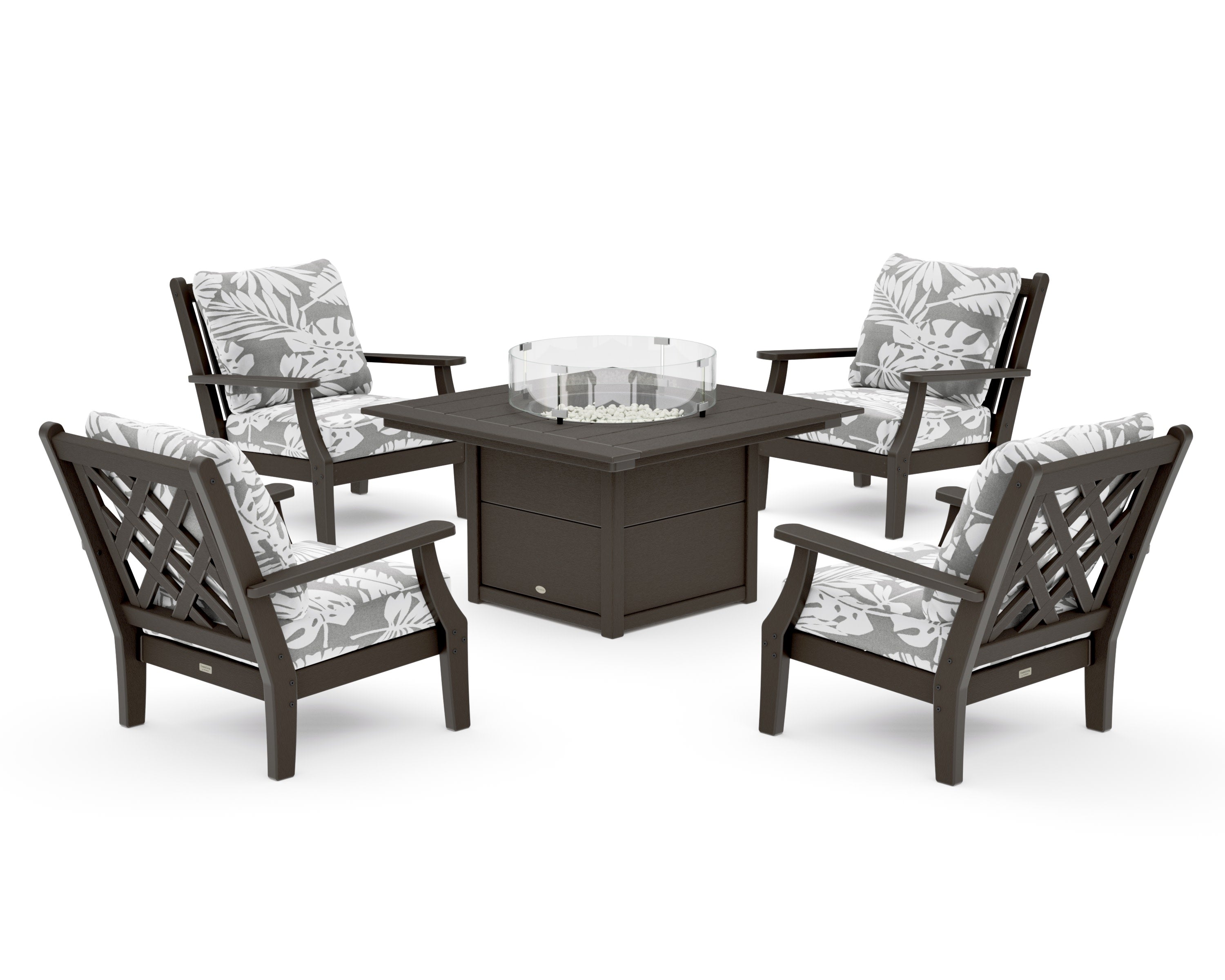 Wovendale 5-Piece Deep Seating Set with Fire Pit Table in Vintage Coffee / Leaf Grey Mist