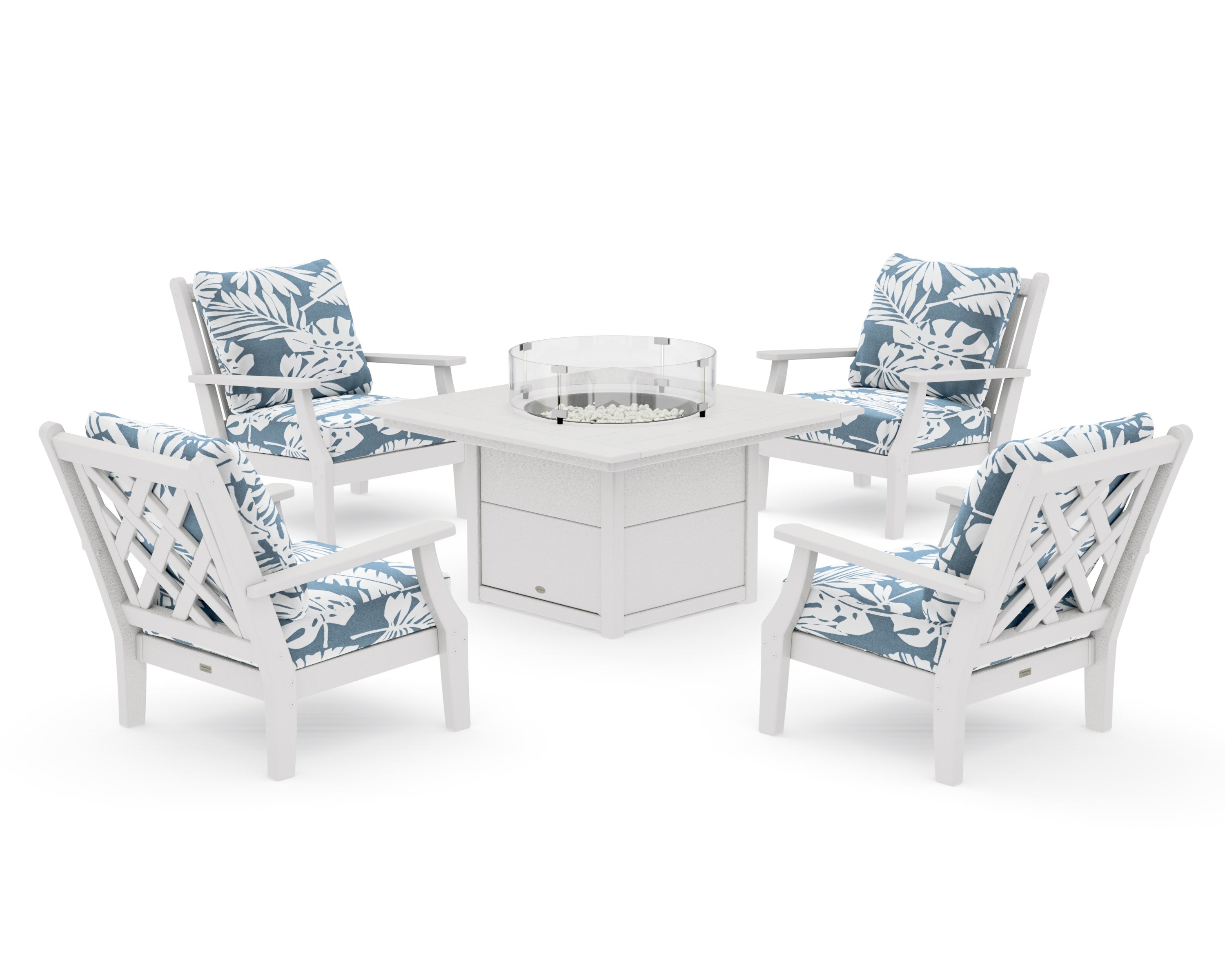 Wovendale 5-Piece Deep Seating Set with Fire Pit Table in Vintage White / Leaf Sky Blue