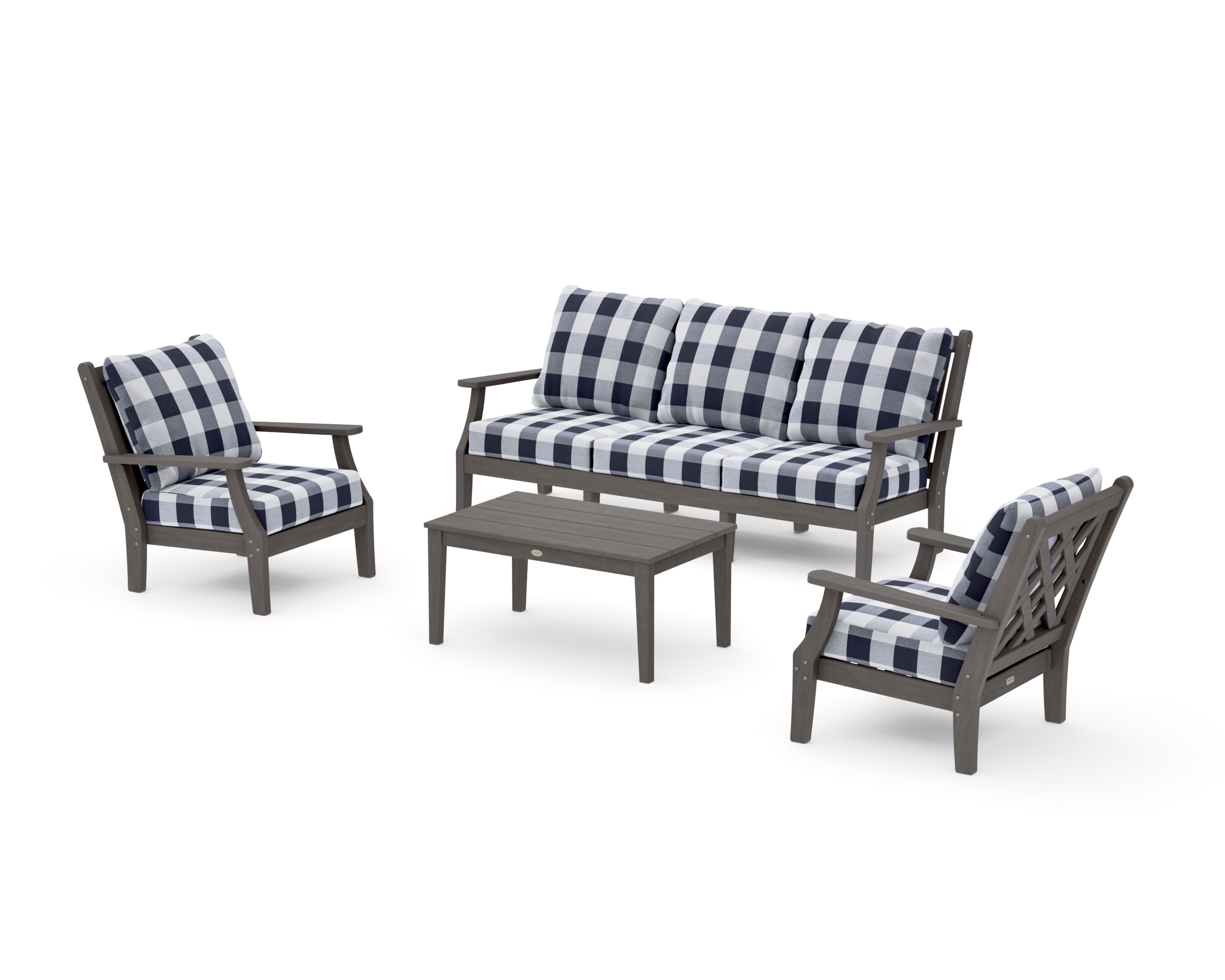 Wovendale 4-Piece Deep Seating Set with Sofa in Driftwood / Buffalo Plaid Navy