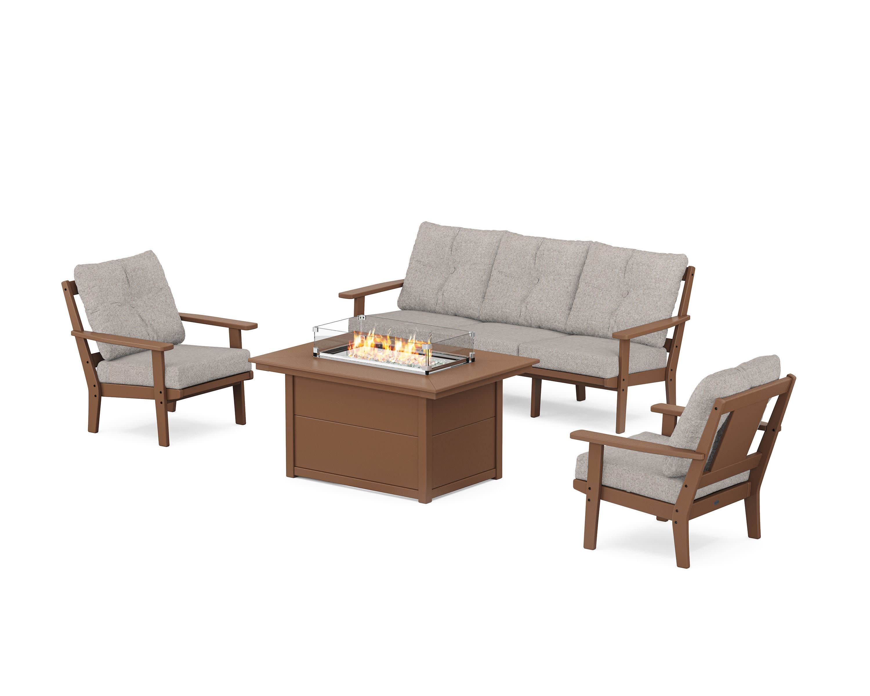 Prairie Deep Seating Fire Pit Table Set in Teak / Weathered Tweed