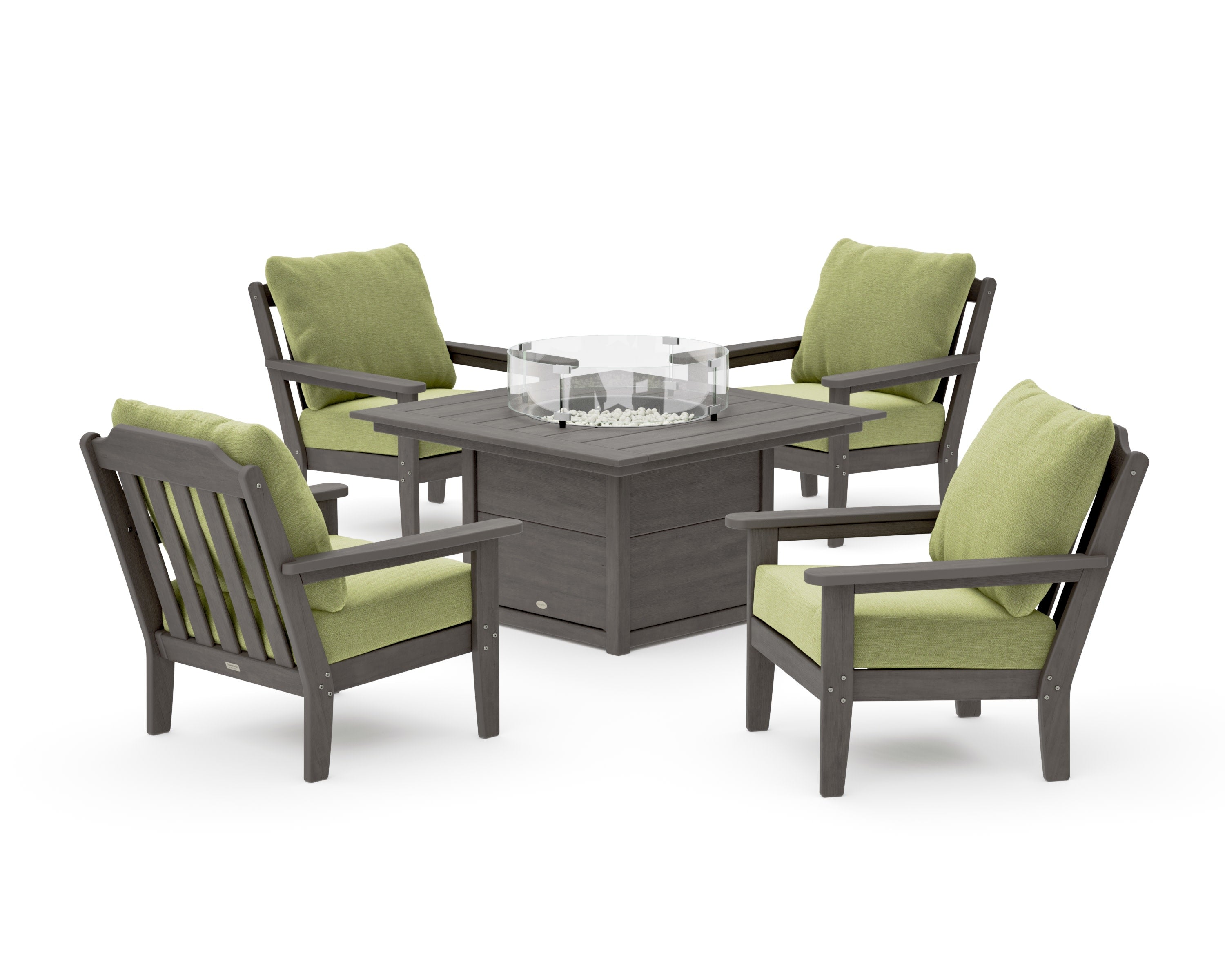 Cottage 5-Piece Deep Seating Set with Fire Pit Table in Driftwood / Chartreuse Boucle