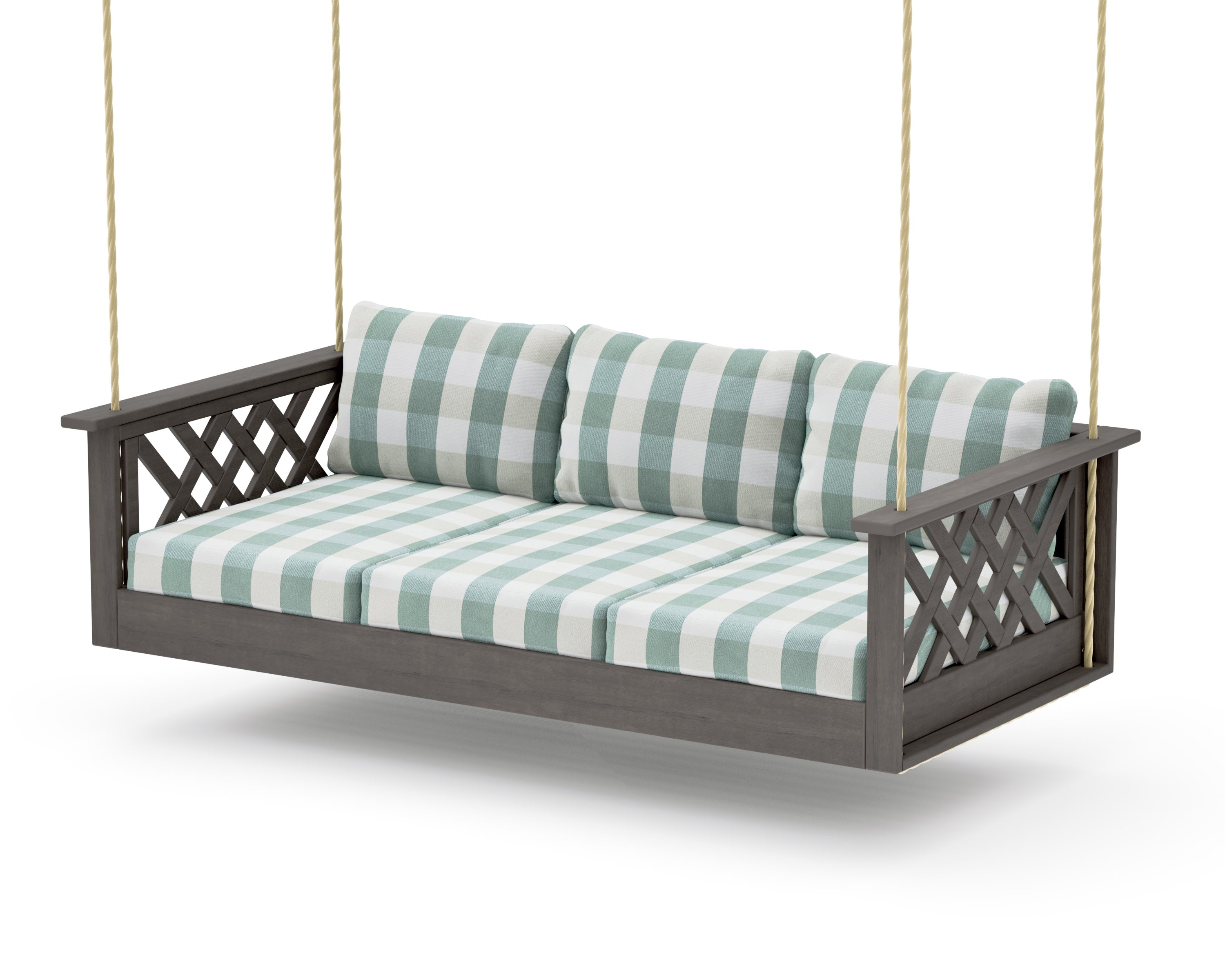 Wovendale Daybed Swing in Driftwood / Buffalo Plaid Glacier Spa