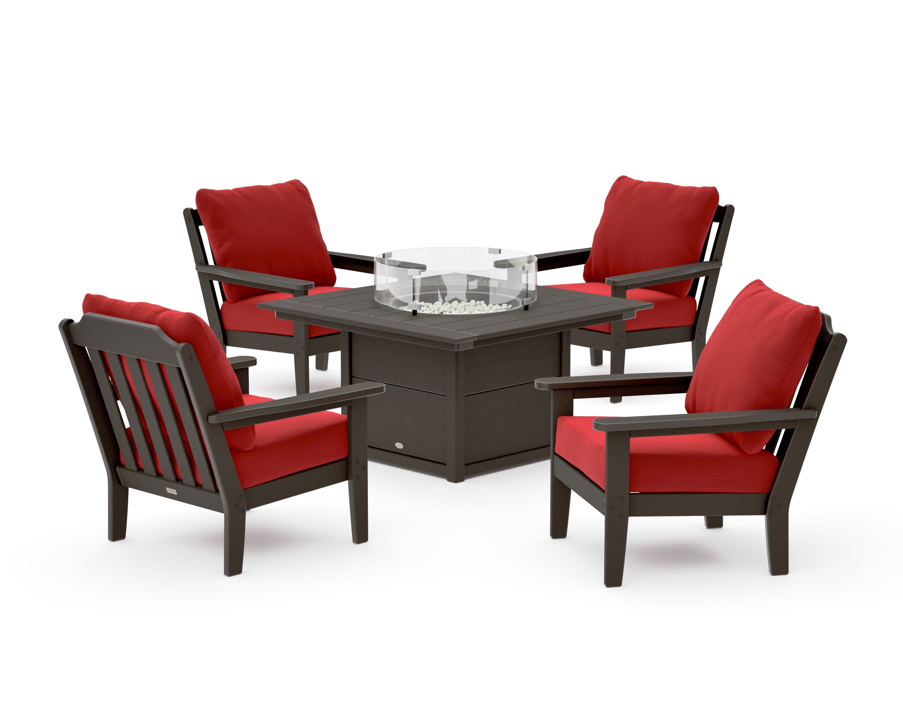Cottage 5-Piece Deep Seating Set with Fire Pit Table in Vintage Coffee / Crimson Linen