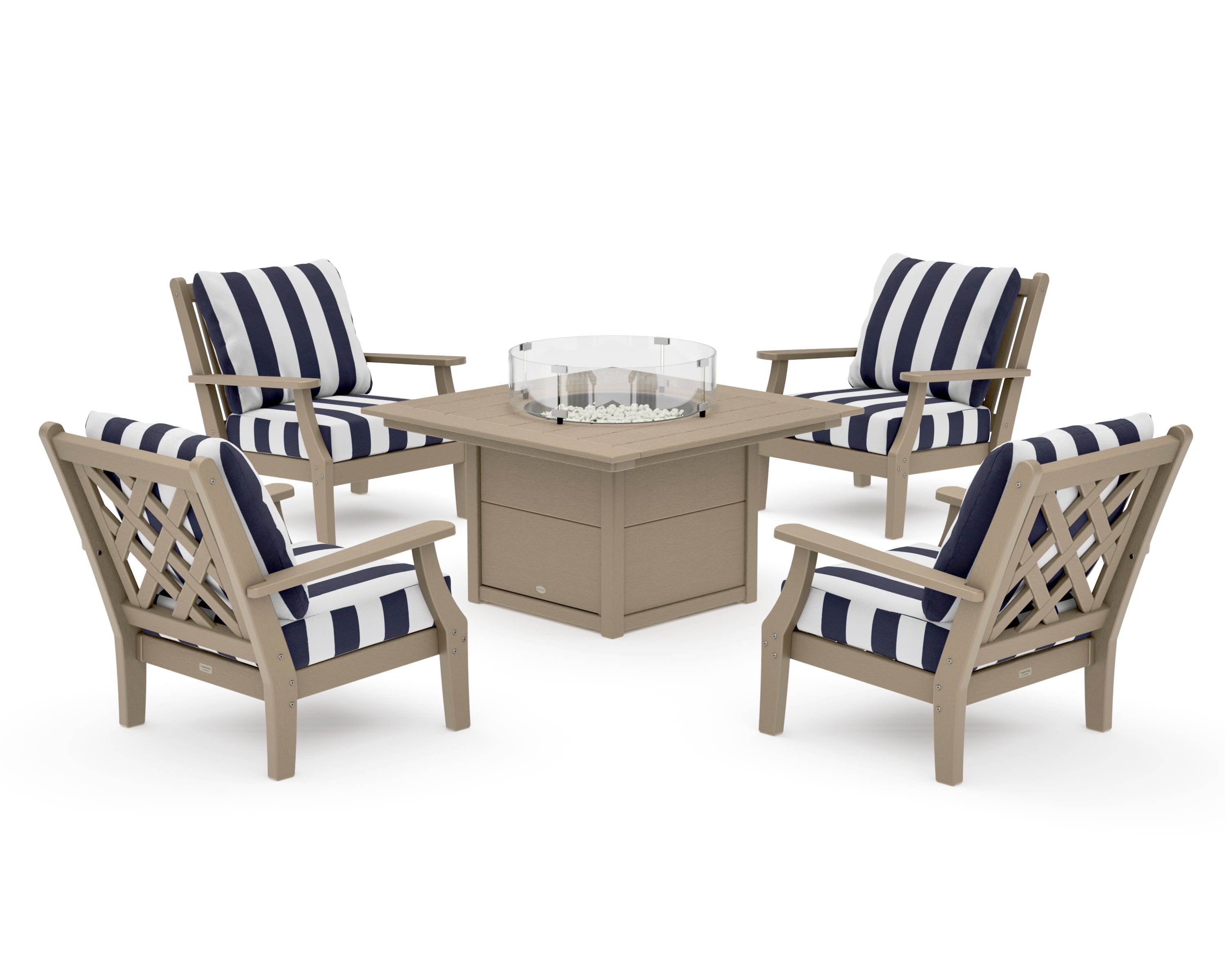 Wovendale 5-Piece Deep Seating Set with Fire Pit Table in Vintage Sahara / Cabana Stripe Navy