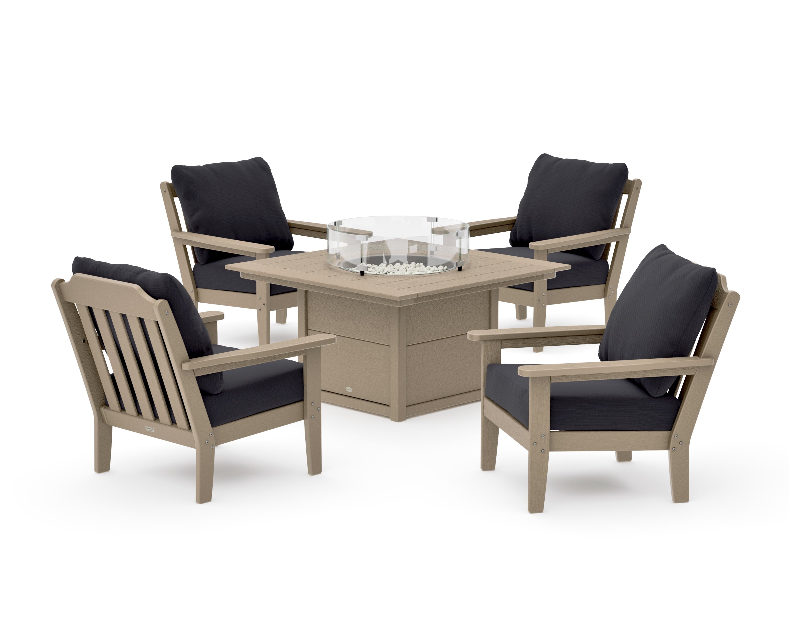 Cottage 5-Piece Deep Seating Set with Fire Pit Table in Vintage Sahara / Midnight Linen