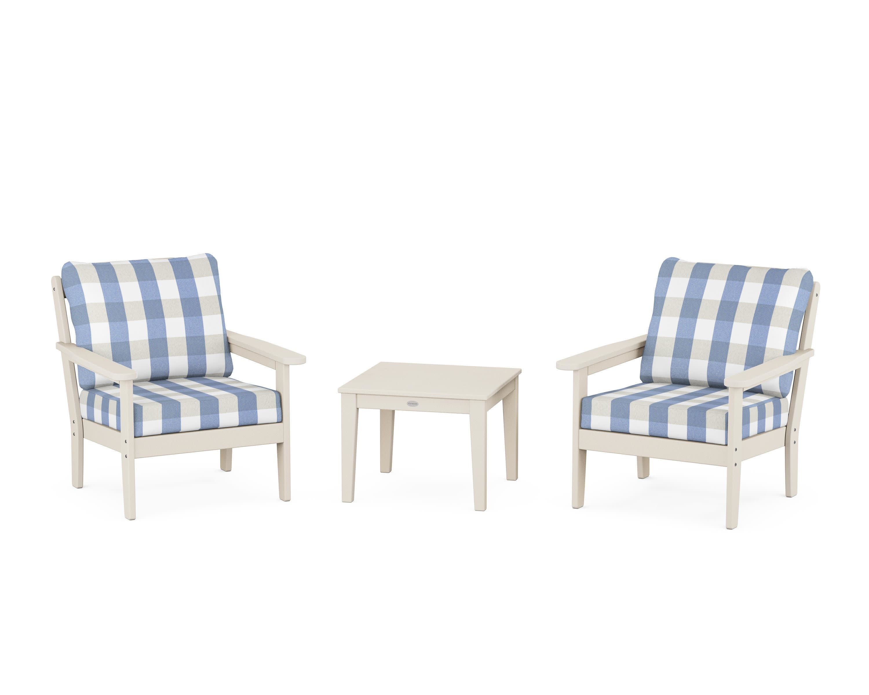 Cottage 3-Piece Deep Seating Set in Sand / Buffalo Plaid Sky Blue