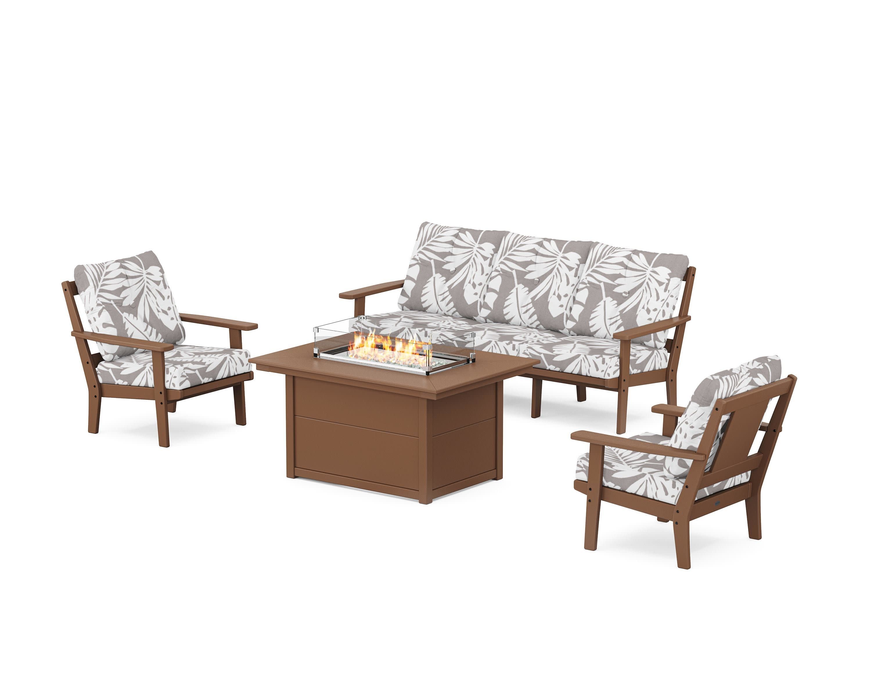 Prairie Deep Seating Fire Pit Table Set in Teak / Leaf Grey Mist