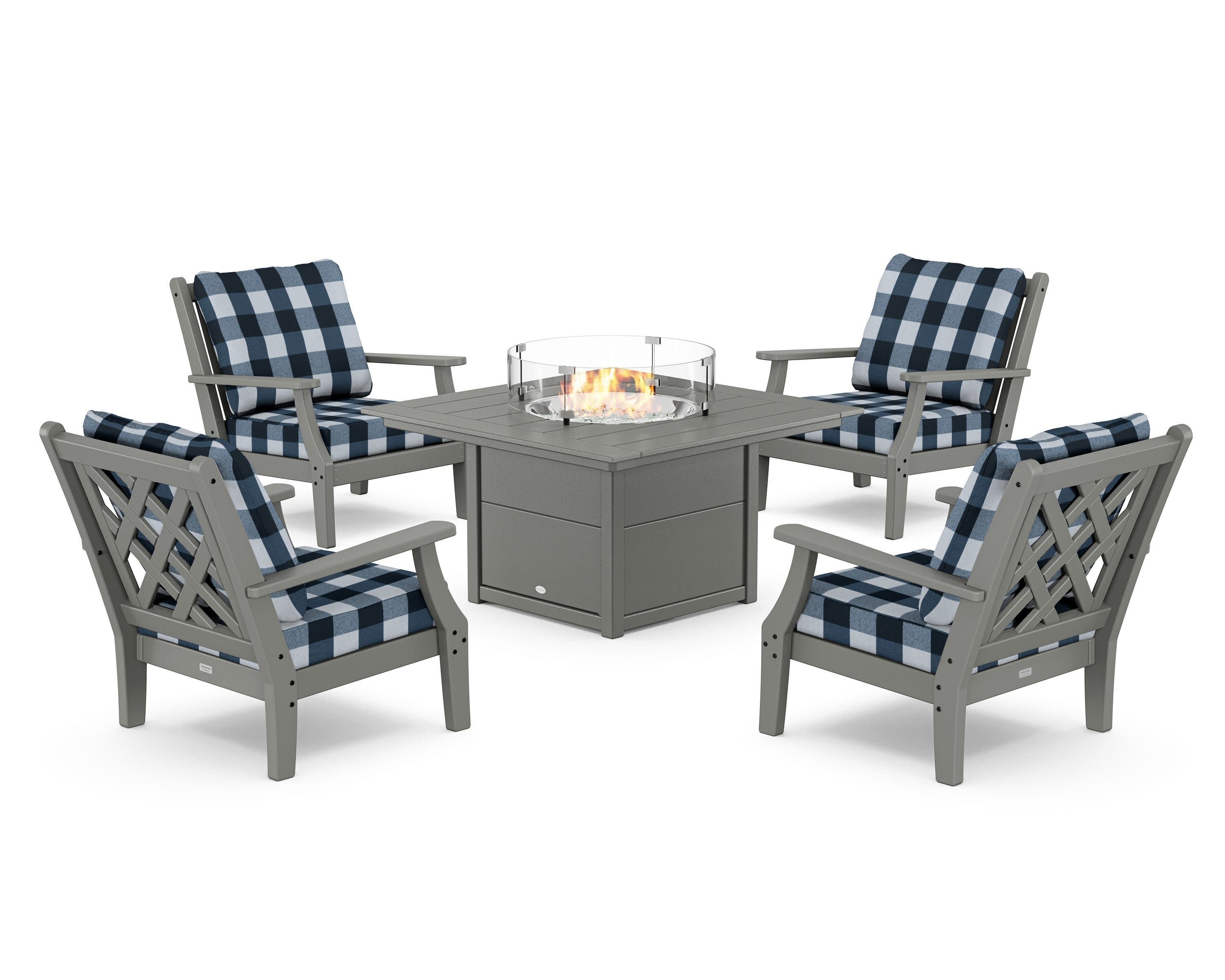 Wovendale 5-Piece Deep Seating Set with Fire Pit Table in Slate Grey / Buffalo Plaid Marine Indigo