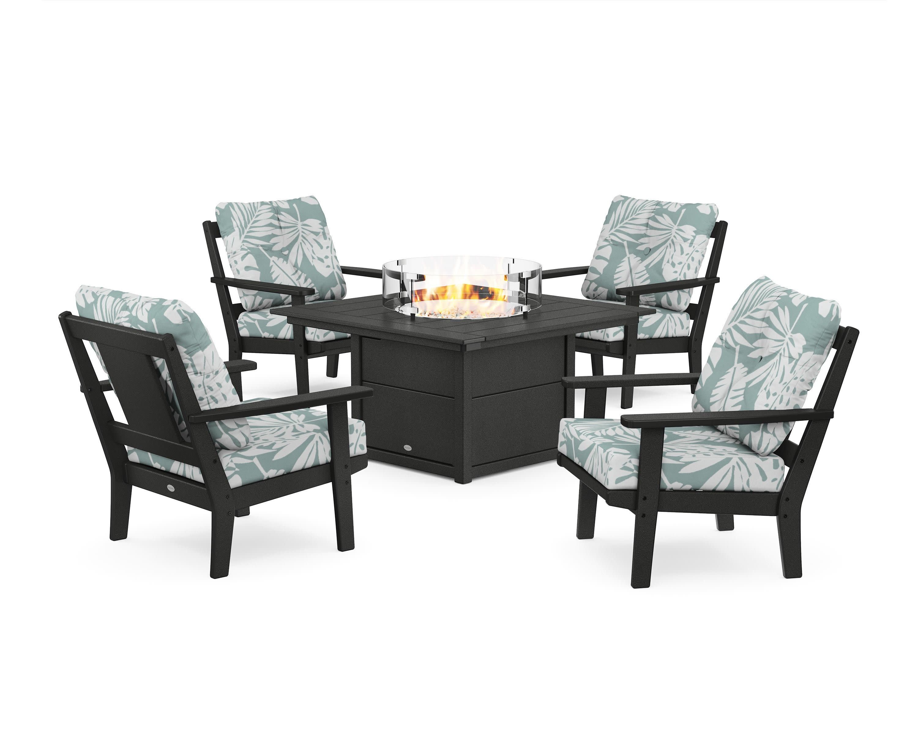 Prairie 5-Piece Deep Seating Set with Fire Pit Table in Black / Leaf Glacier Spa
