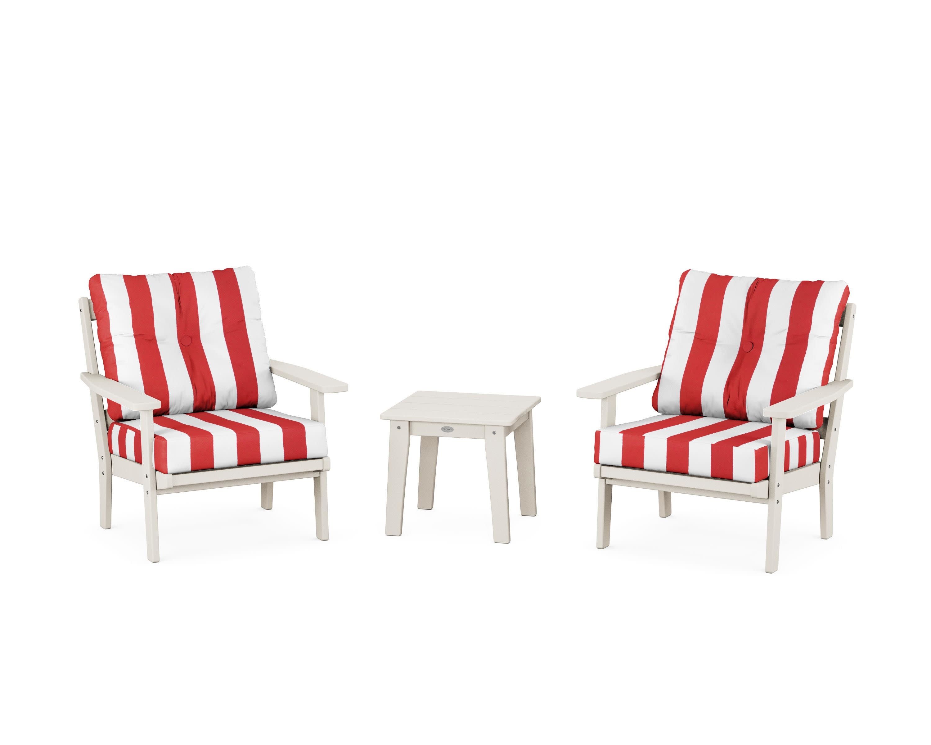 Prairie 3-Piece Deep Seating Set in Sand / Cabana Stripe Crimson
