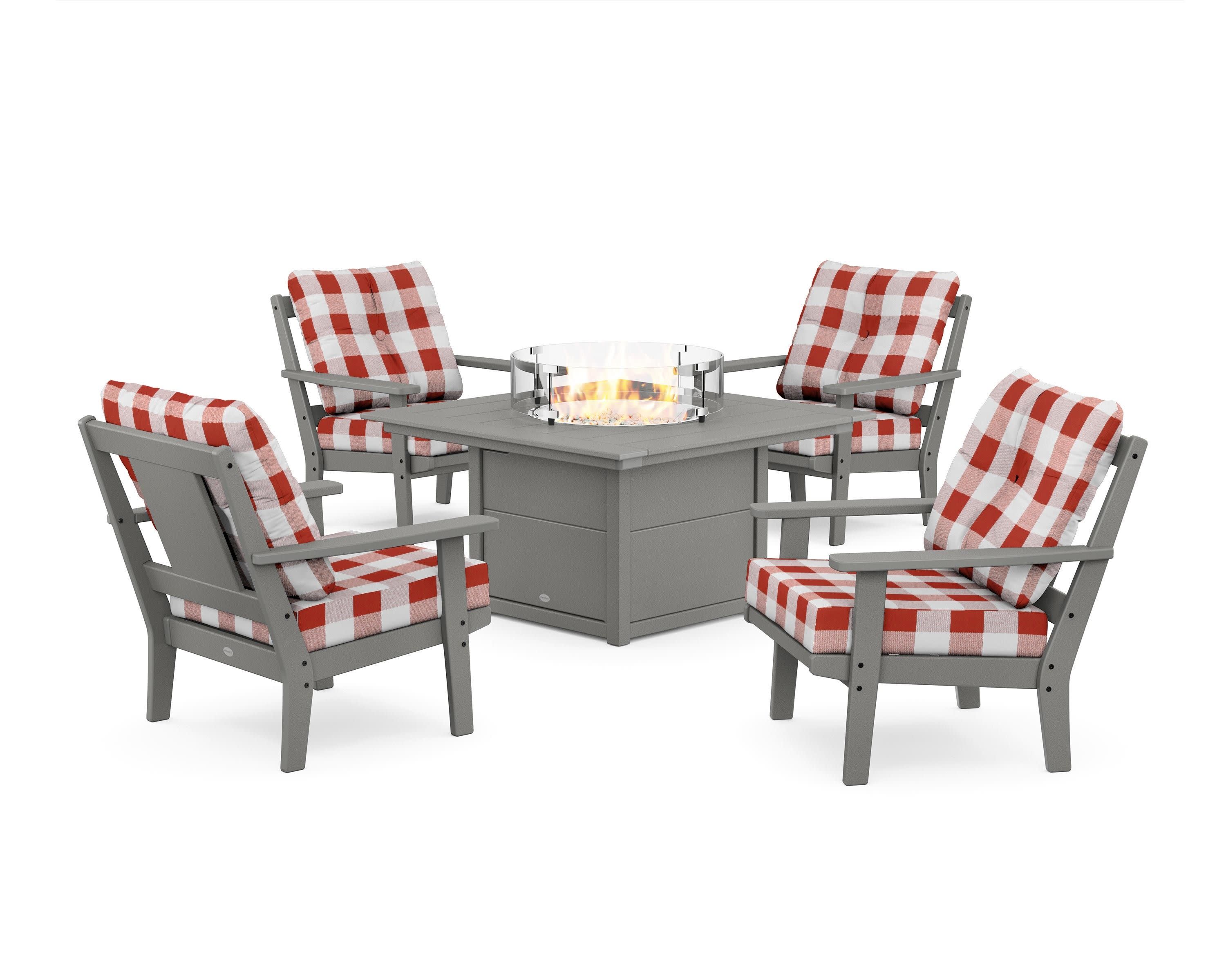 Prairie 5-Piece Deep Seating Set with Fire Pit Table in Slate Grey / Buffalo Plaid Crimson