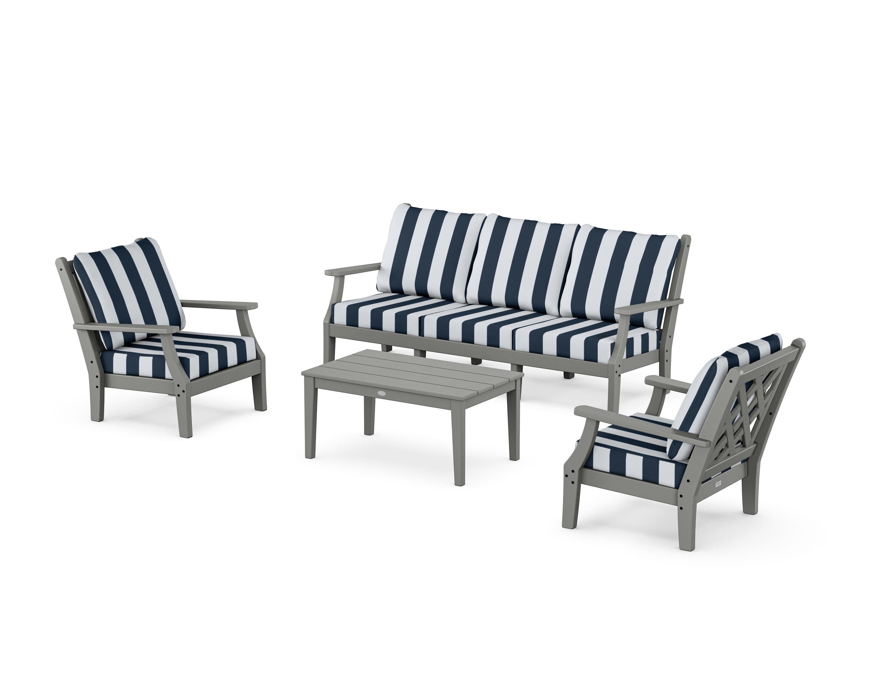 Wovendale 4-Piece Deep Seating Set with Sofa in Slate Grey / Cabana Stripe Marine Indigo