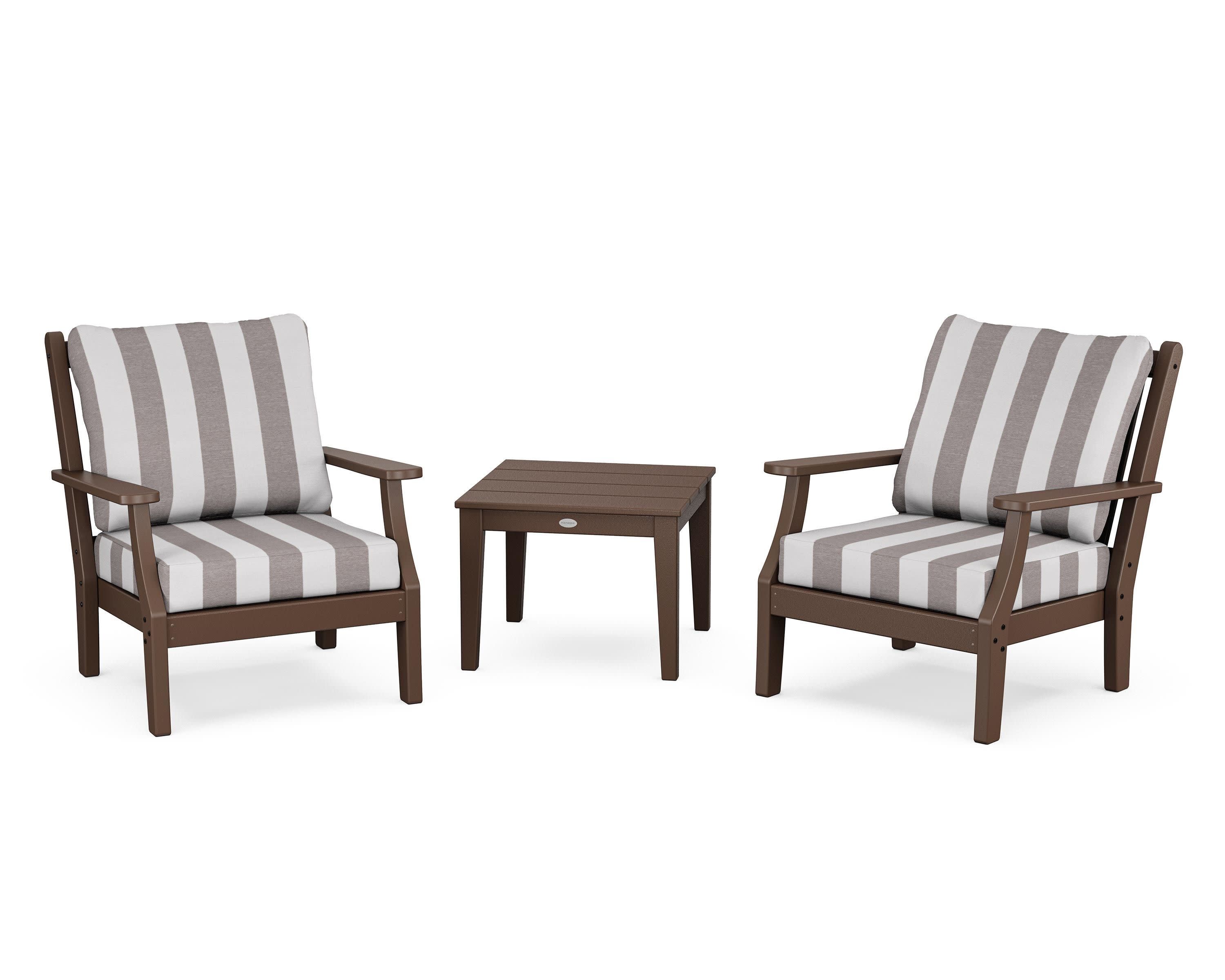 Wovendale 3-Piece Deep Seating Set in Mahogany / Cabana Stripe Grey Mist