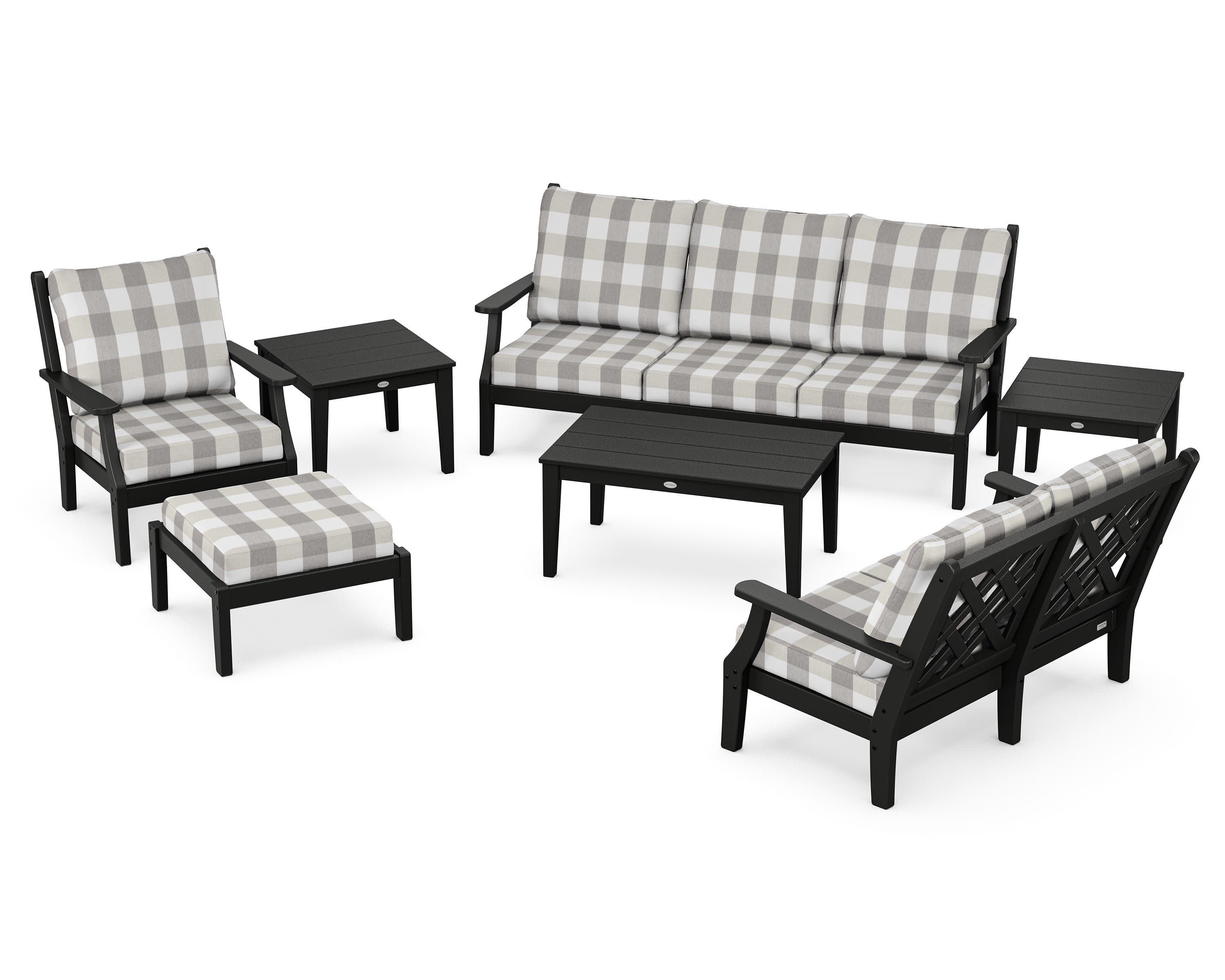 Wovendale 7-Piece Deep Seating Set in Black / Buffalo Plaid Grey Mist