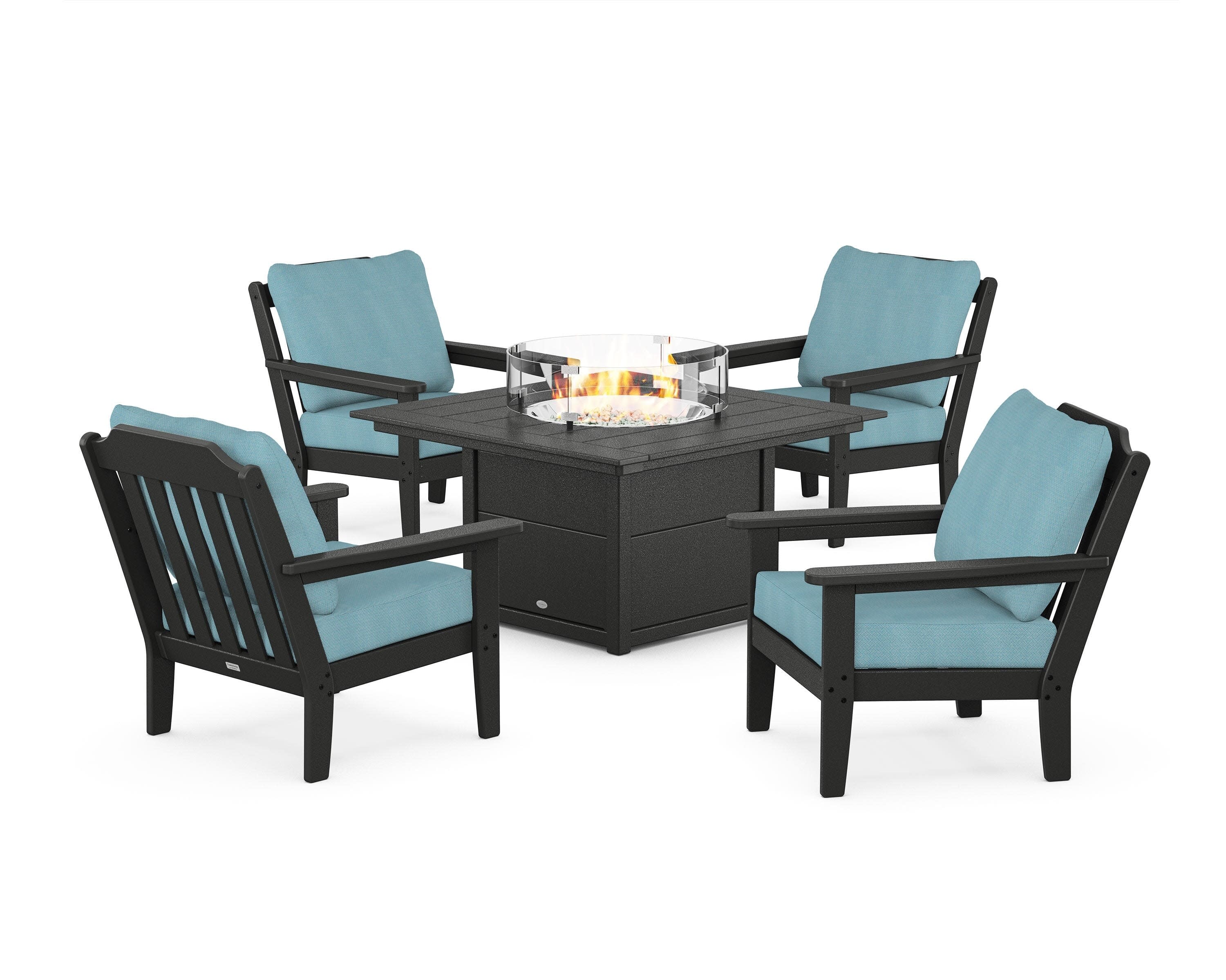 Cottage 5-Piece Deep Seating Set with Fire Pit Table in Black / Lattice Sky Blue
